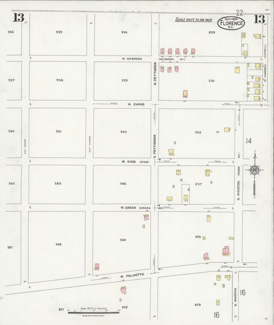 Sanborn Fire Insurance Map from Florence, Florence County, South Carolina (1924), Sheet #0013 - Historic Sanborn Fire Insurance Map Print, vintage old map wall art, antique decor, genealogy gift, South Carolina South Carolina map