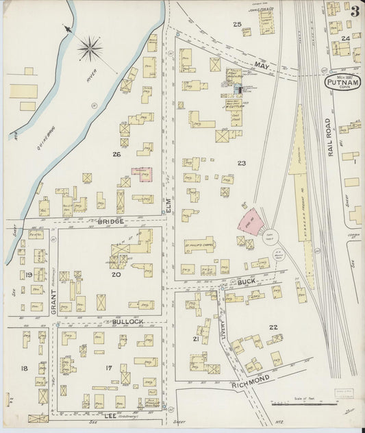 Sanborn Fire Insurance Map from Putnam, Windham County, Connecticut (1887), Sheet #0003 - Historic Sanborn Fire Insurance Map Print, vintage old map wall art, antique decor, genealogy gift, Connecticut Connecticut map
