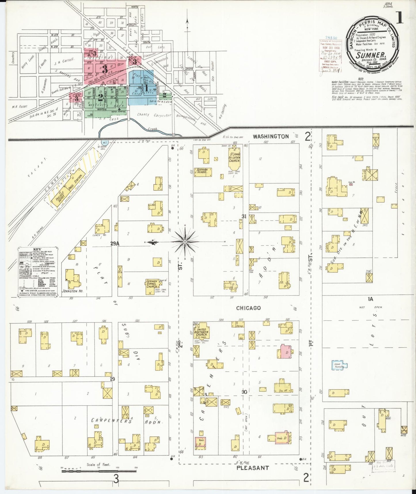 Sanborn Fire Insurance Map from Sumner, Bremer County, Iowa (1900), Sheet #0001 - Historic Sanborn Fire Insurance Map Print, vintage old map wall art