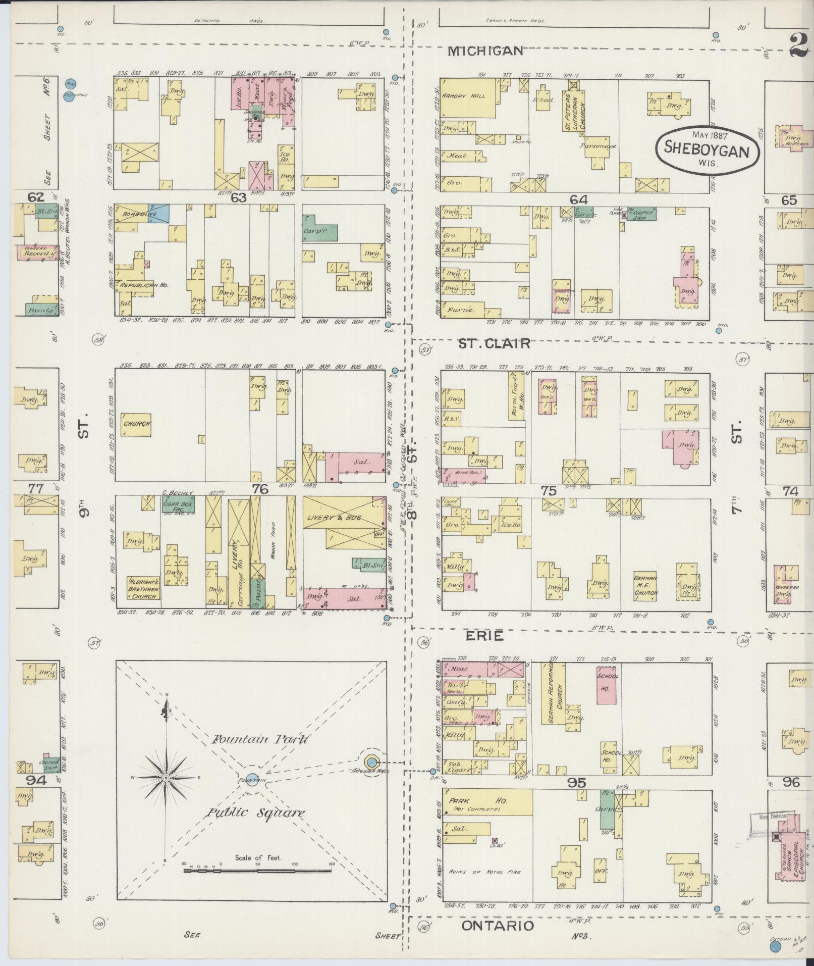 Sanborn Fire Insurance Map from Sheboygan, Sheboygan County, Wisconsin (1887), Sheet #0002 - Historic Sanborn Fire Insurance Map Print, vintage old map wall art, antique decor, genealogy gift, Wisconsin Wisconsin map