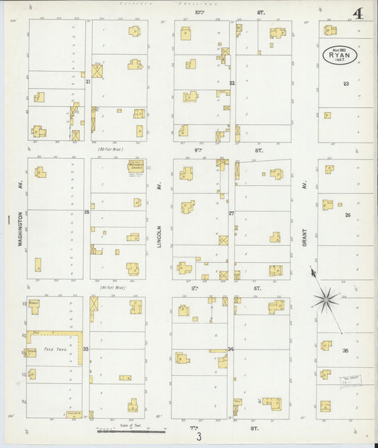 Sanborn Fire Insurance Map from Ryan, Jefferson County, Oklahoma (1902), Sheet #0004 - Historic Sanborn Fire Insurance Map Print, vintage old map wall art, antique decor, genealogy gift, Oklahoma Oklahoma map