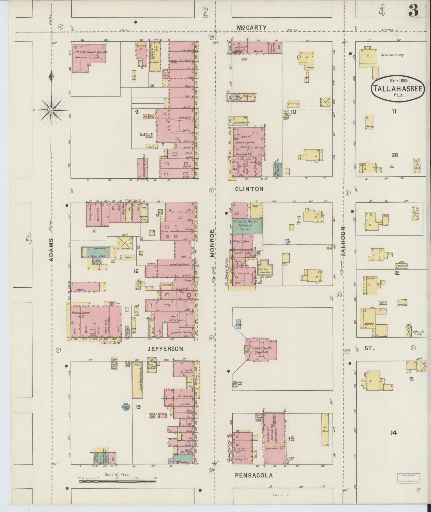 Sanborn Fire Insurance Map from Tallahassee, Leon County, Florida (1895), Sheet #0003 - Complete Map Set gallery image, historic Sanborn map, vintage wall art, Florida Florida