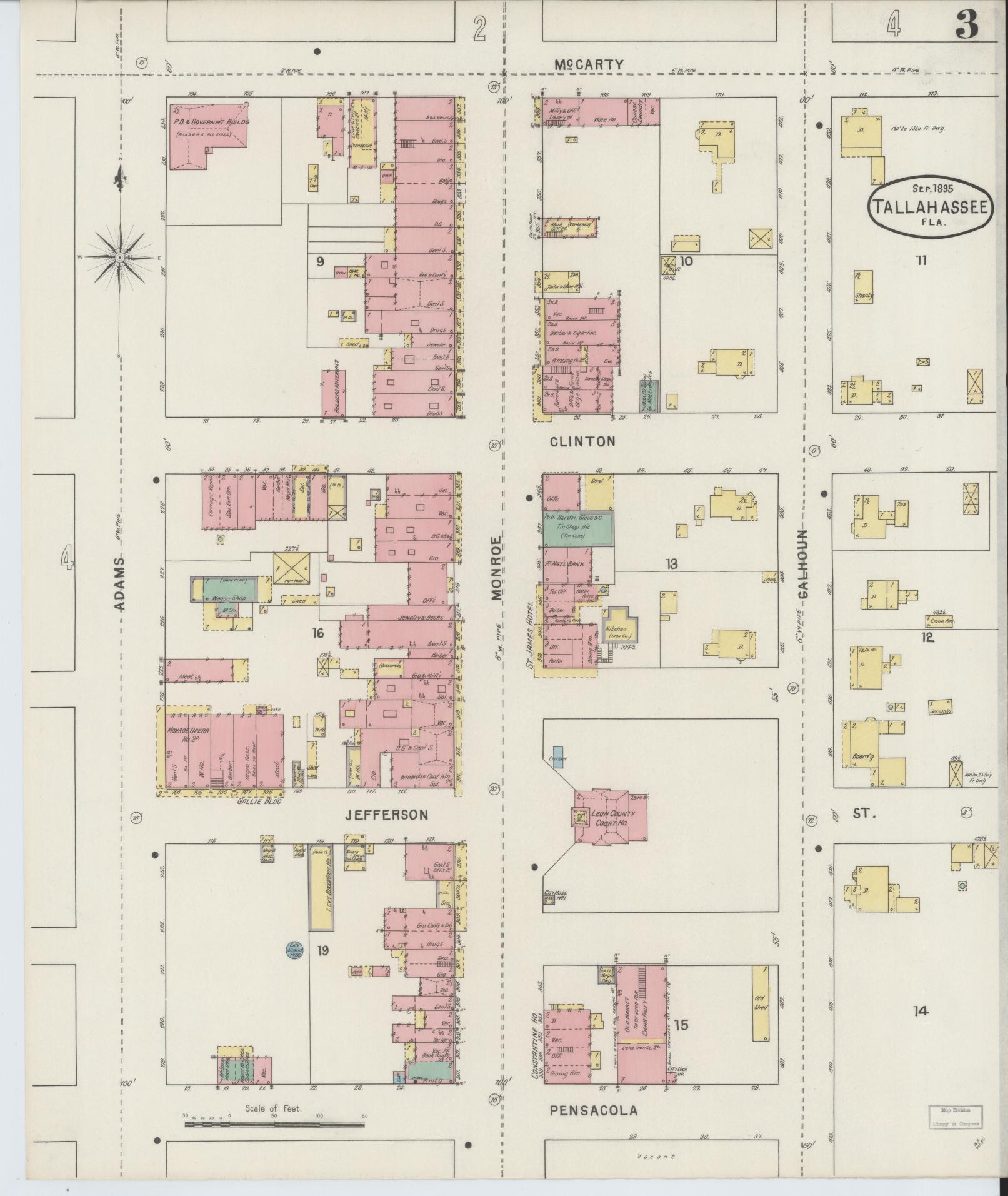 Sanborn Fire Insurance Map from Tallahassee, Leon County, Florida (1895), Sheet #0003 - Complete Map Set gallery image, historic Sanborn map, vintage wall art, Florida Florida