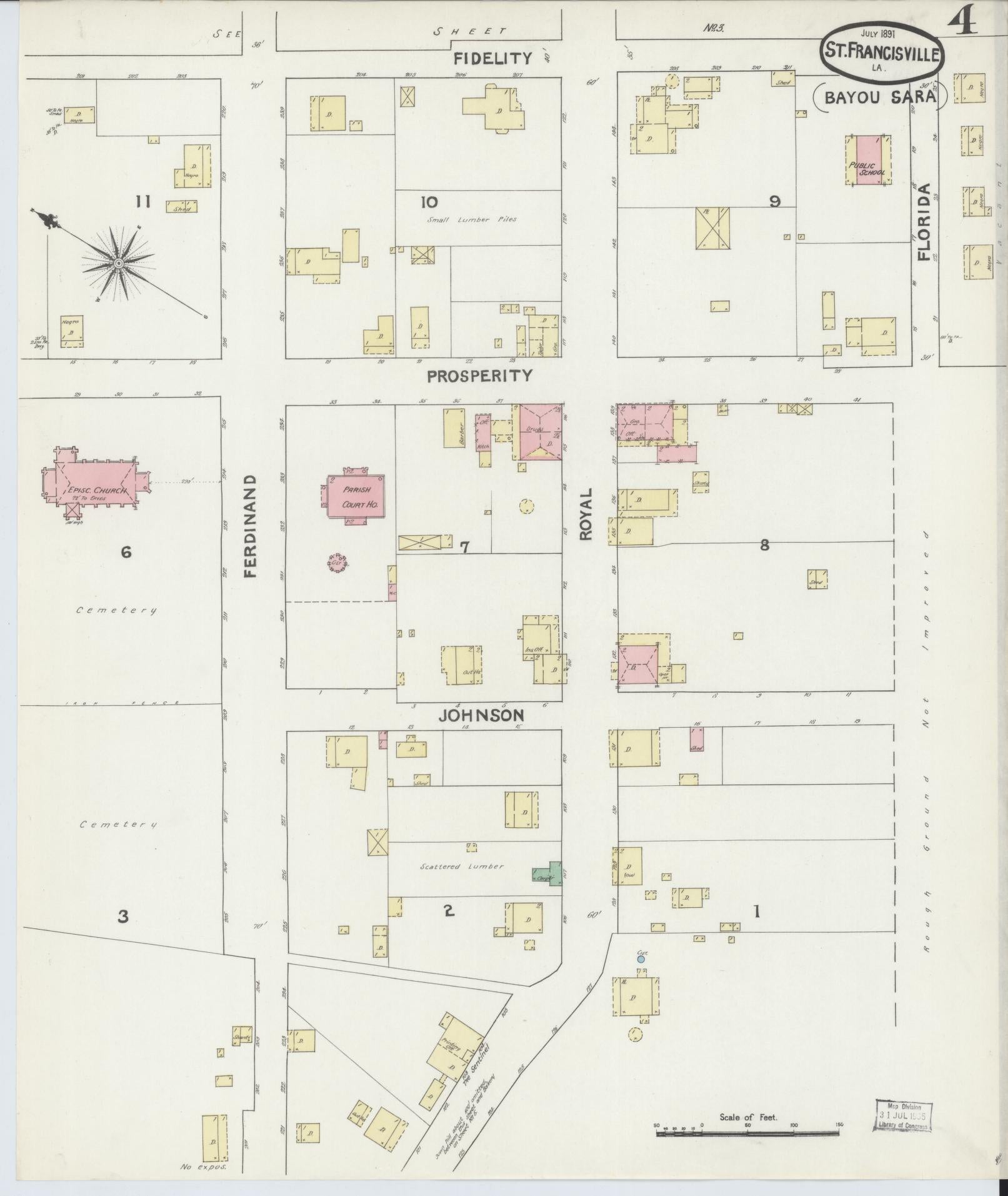 Sanborn Fire Insurance Map from Bayou Sara, West Feliciana Parish, Louisiana (1891), Sheet #0004 - Complete Map Set gallery image, historic Sanborn map, vintage wall art, Louisiana Louisiana