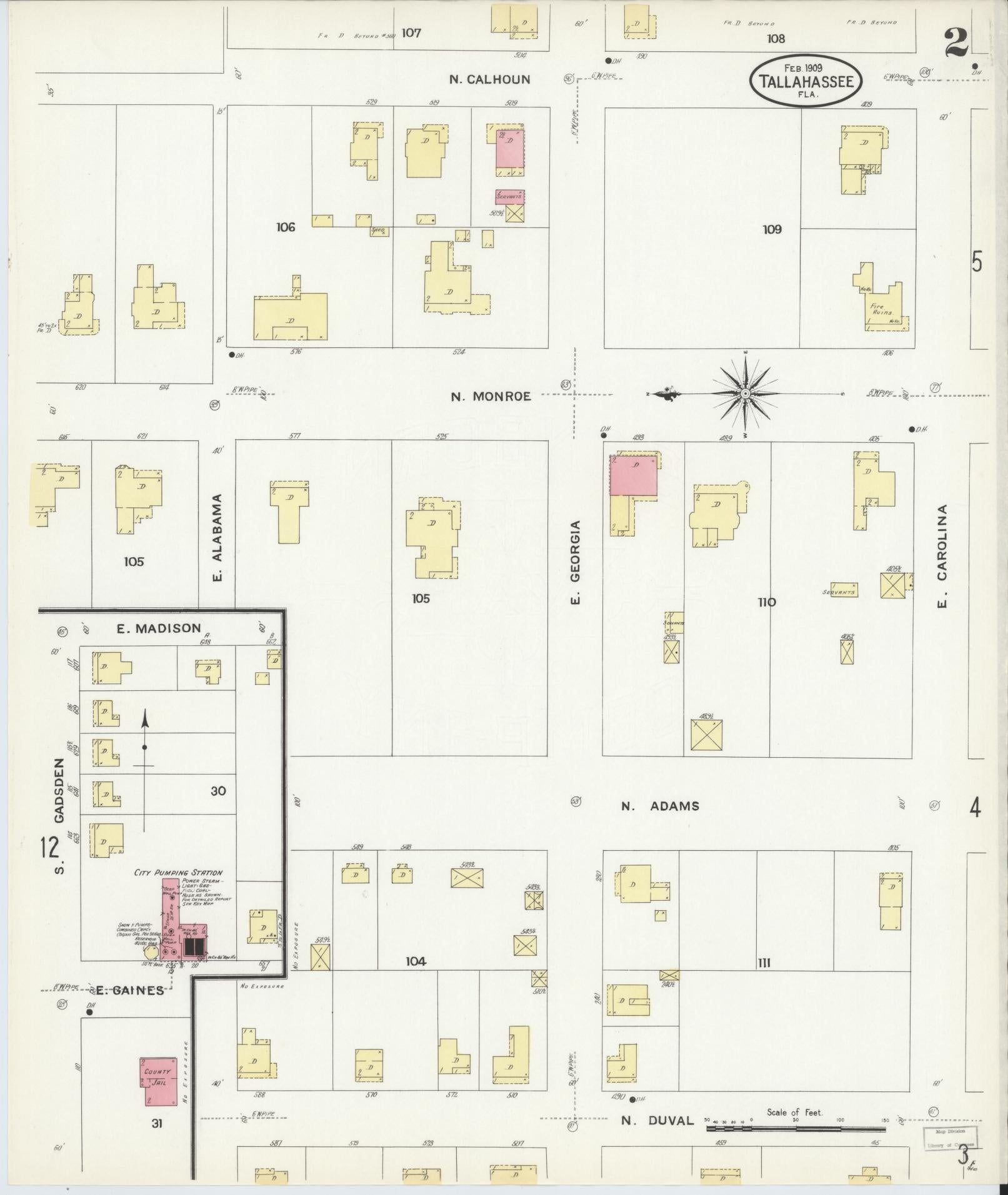 Sanborn Fire Insurance Map from Tallahassee, Leon County, Florida (1909), Sheet #0002 - Complete Map Set gallery image, historic Sanborn map, vintage wall art, Florida Florida