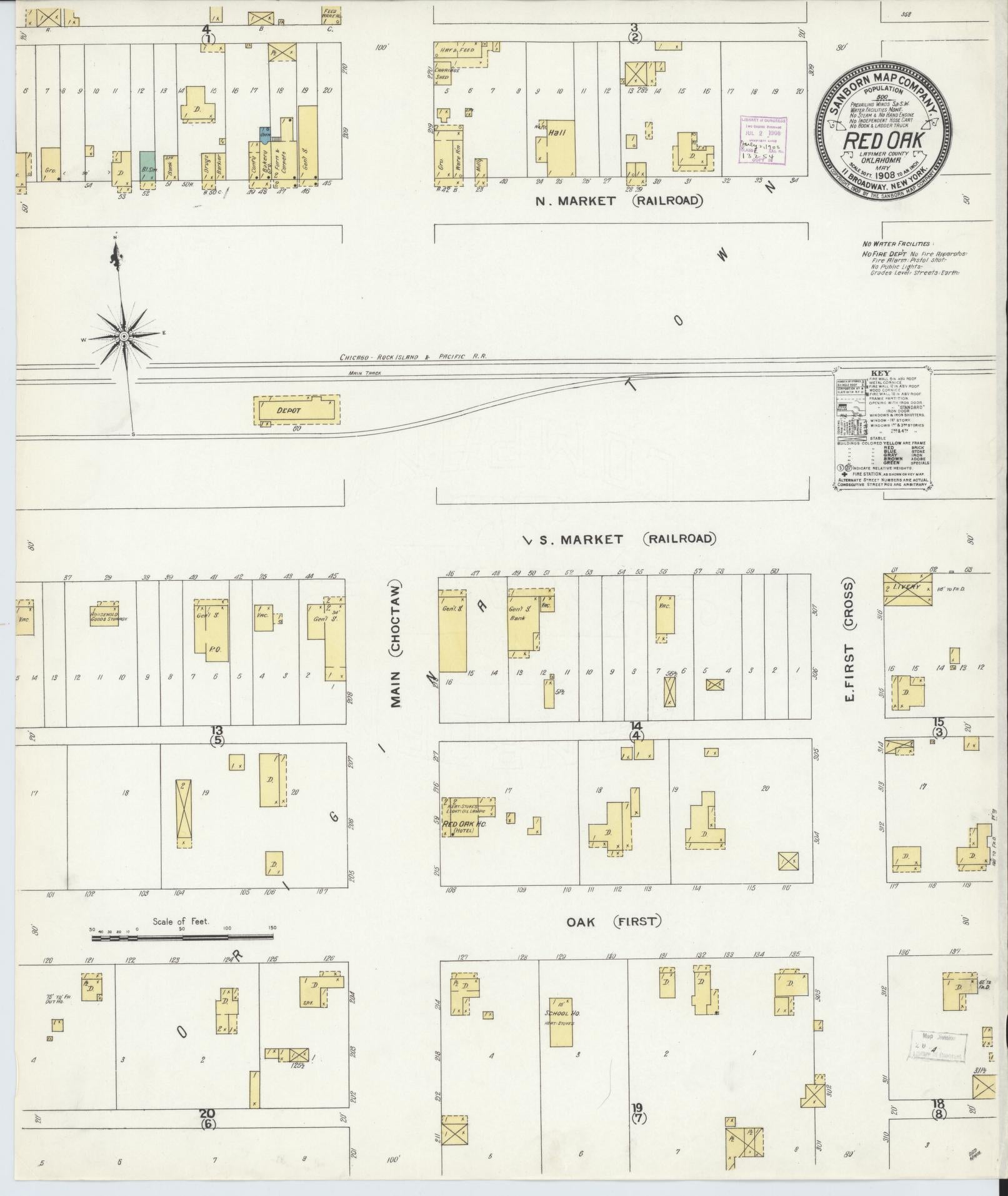 Sanborn Fire Insurance Map from Red Oak, Latimer County, Oklahoma (1908), Sheet #0001 - Historic Sanborn Fire Insurance Map Print, vintage old map wall art, antique decor, genealogy gift, Oklahoma Oklahoma map