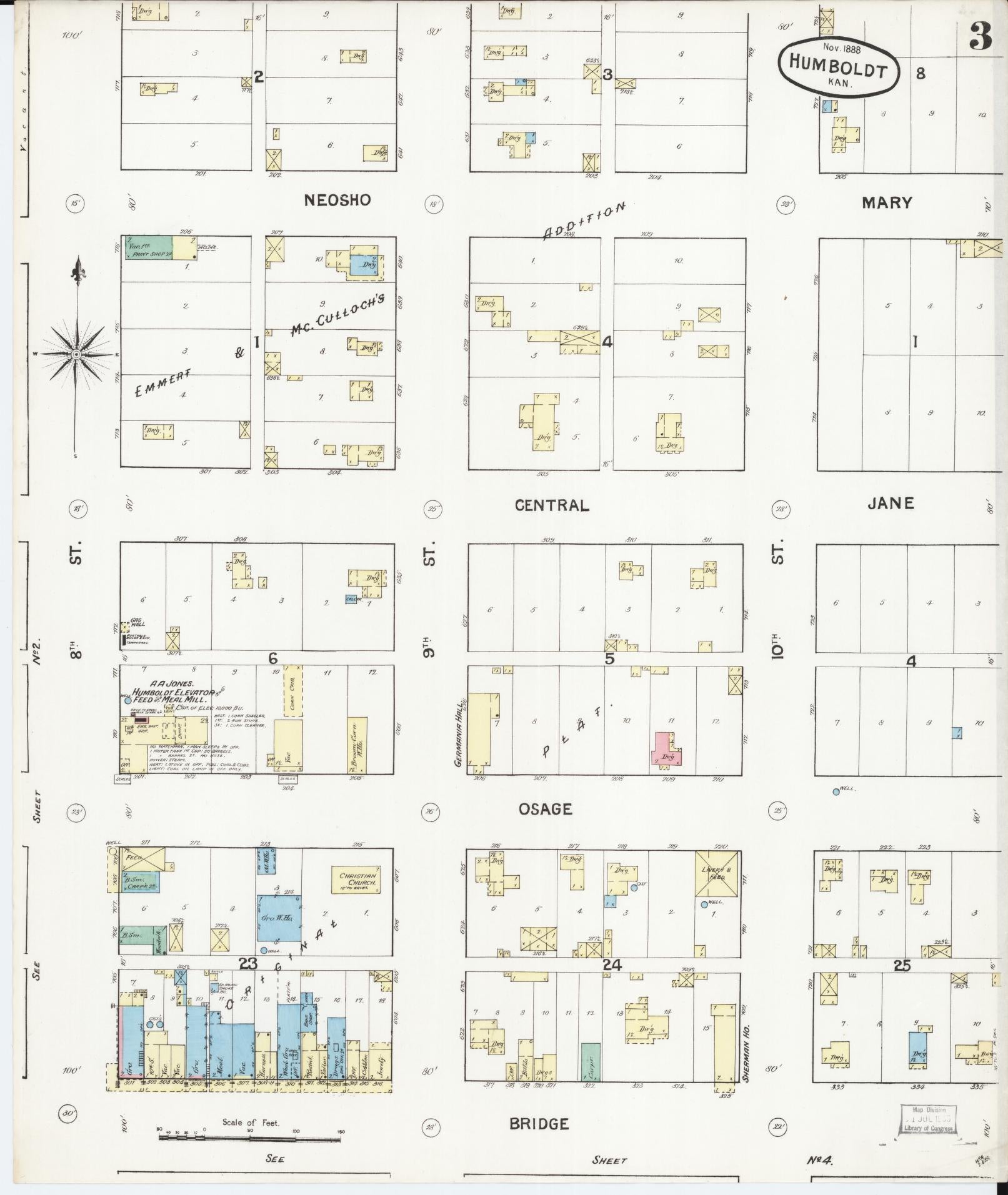 Sanborn Fire Insurance Map from Humboldt, Allen County, Kansas (1888), Sheet #0003 - Historic Sanborn Fire Insurance Map Print, vintage old map wall art, antique decor, genealogy gift, Kansas Kansas map