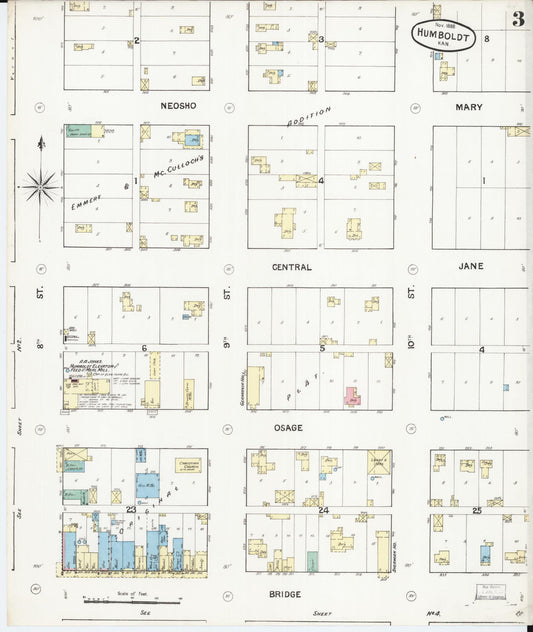 Sanborn Fire Insurance Map from Humboldt, Allen County, Kansas (1888), Sheet #0003 - Historic Sanborn Fire Insurance Map Print, vintage old map wall art, antique decor, genealogy gift, Kansas Kansas map