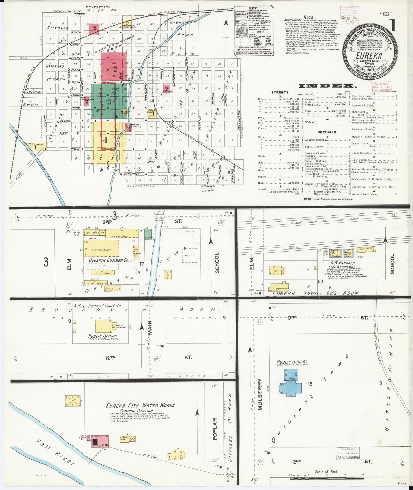 Sanborn Fire Insurance Map from Eureka, Greenwood County, Kansas (1906), Sheet #0001 - Historic Sanborn Fire Insurance Map Print, vintage old map wall art, antique decor, genealogy gift, Kansas Kansas map