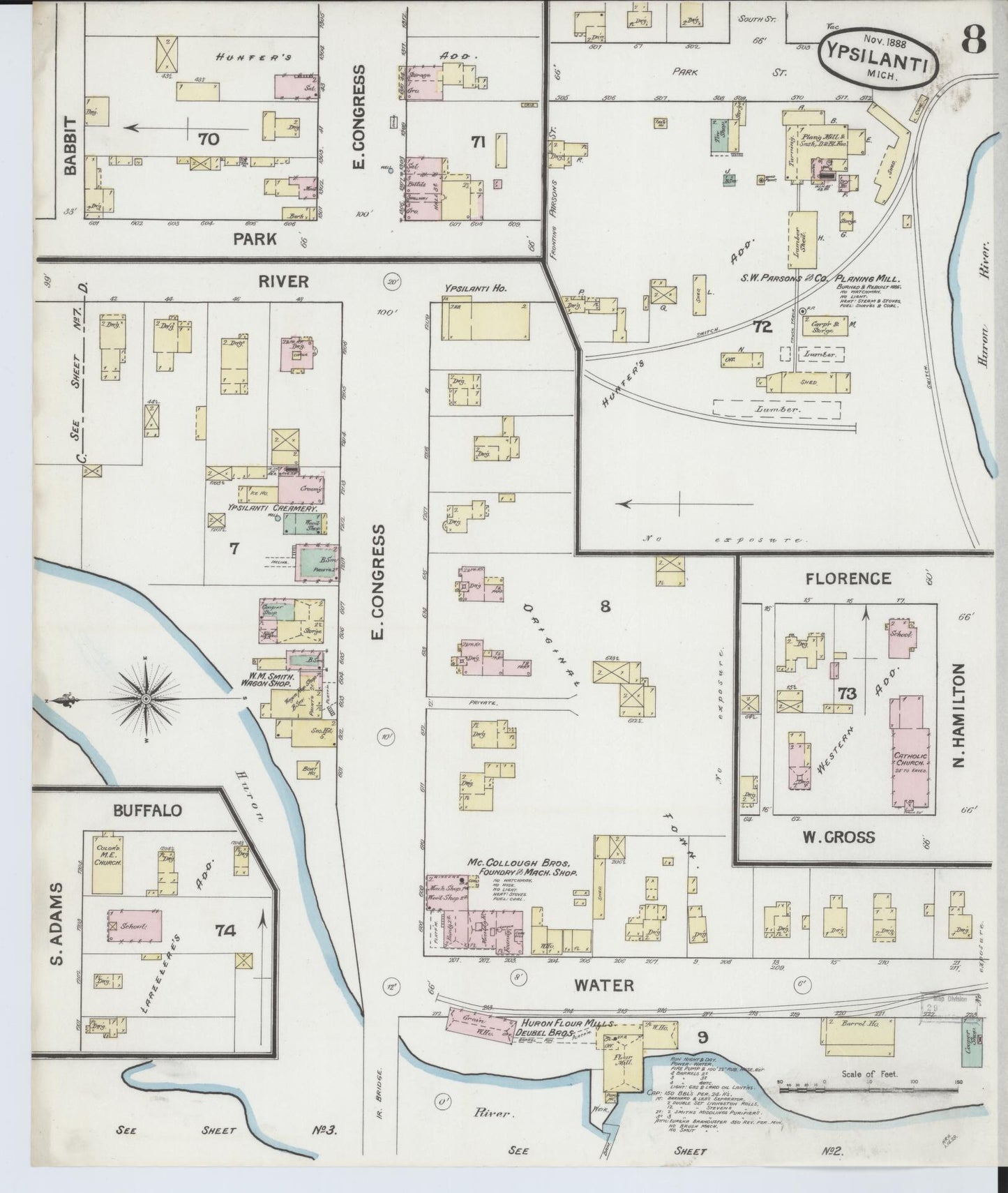 Sanborn Fire Insurance Map from Ypsilanti, Washtenaw County, Michigan (1888), Sheet #0008 - Complete Map Set gallery image, historic Sanborn map, vintage wall art, Michigan Michigan