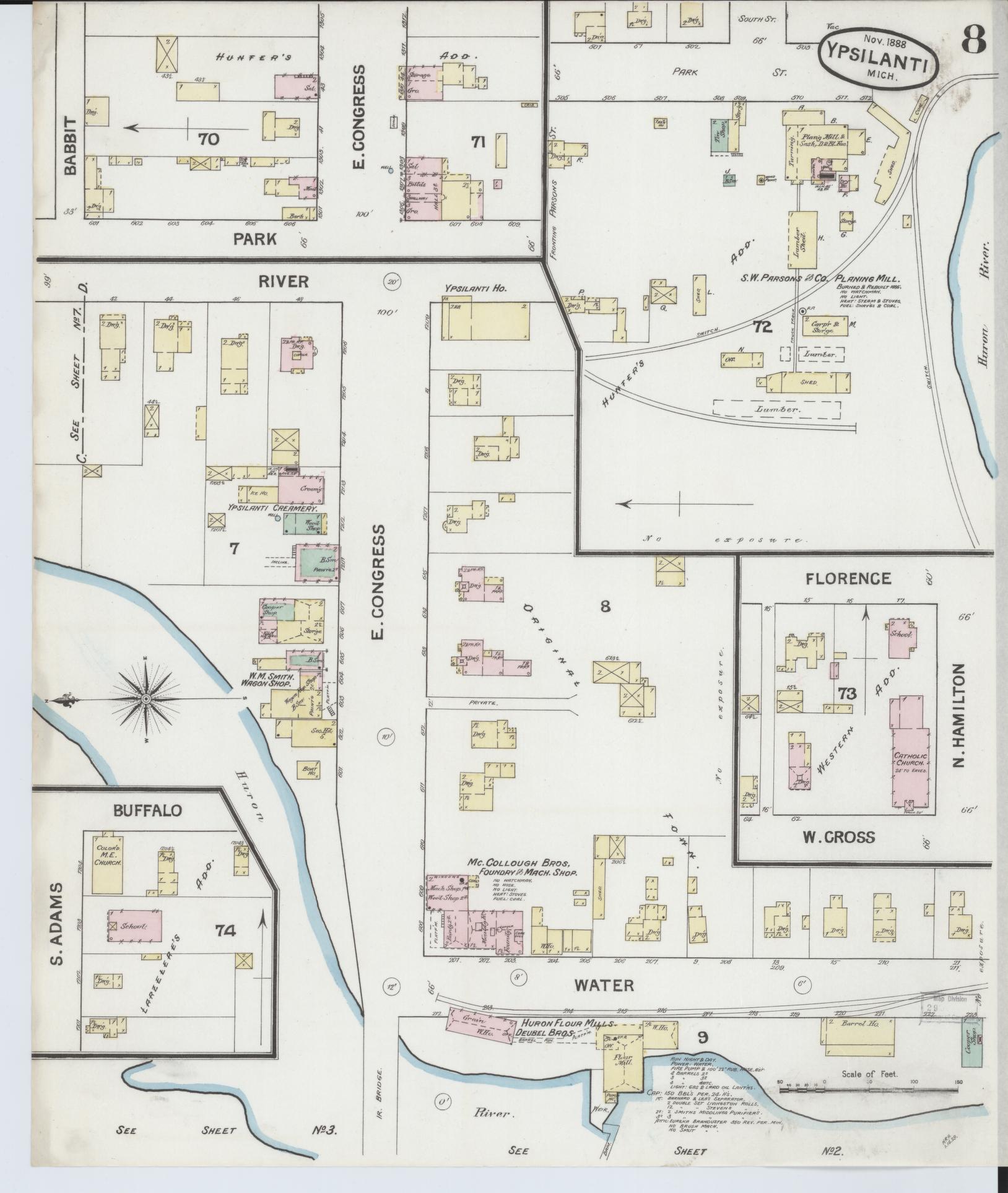 Sanborn Fire Insurance Map from Ypsilanti, Washtenaw County, Michigan (1888), Sheet #0008 - Complete Map Set gallery image, historic Sanborn map, vintage wall art, Michigan Michigan