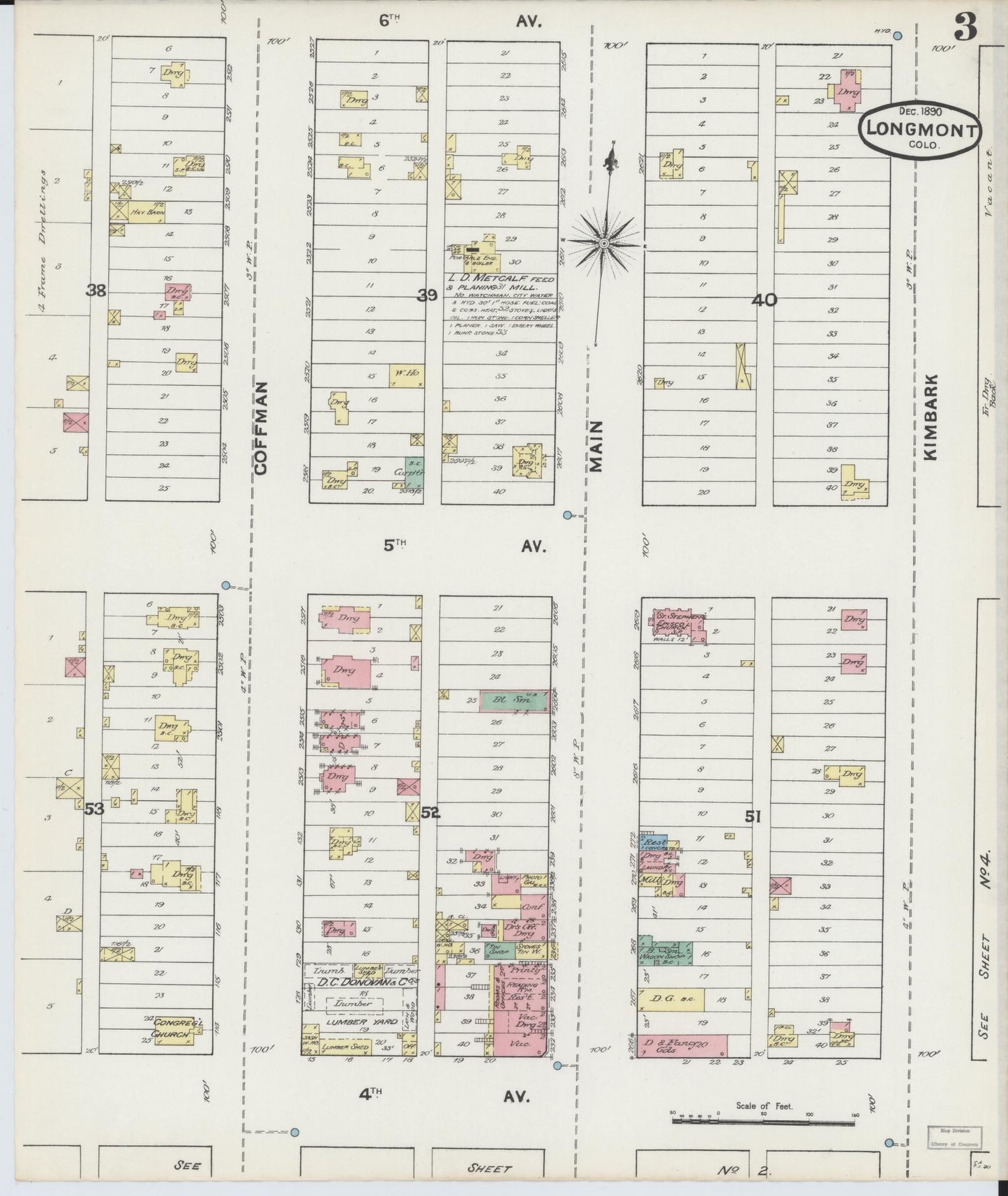 Sanborn Fire Insurance Map from Longmont, Boulder County, Colorado (1890), Sheet #0003 - Complete Map Set gallery image, historic Sanborn map, vintage wall art, Colorado Colorado