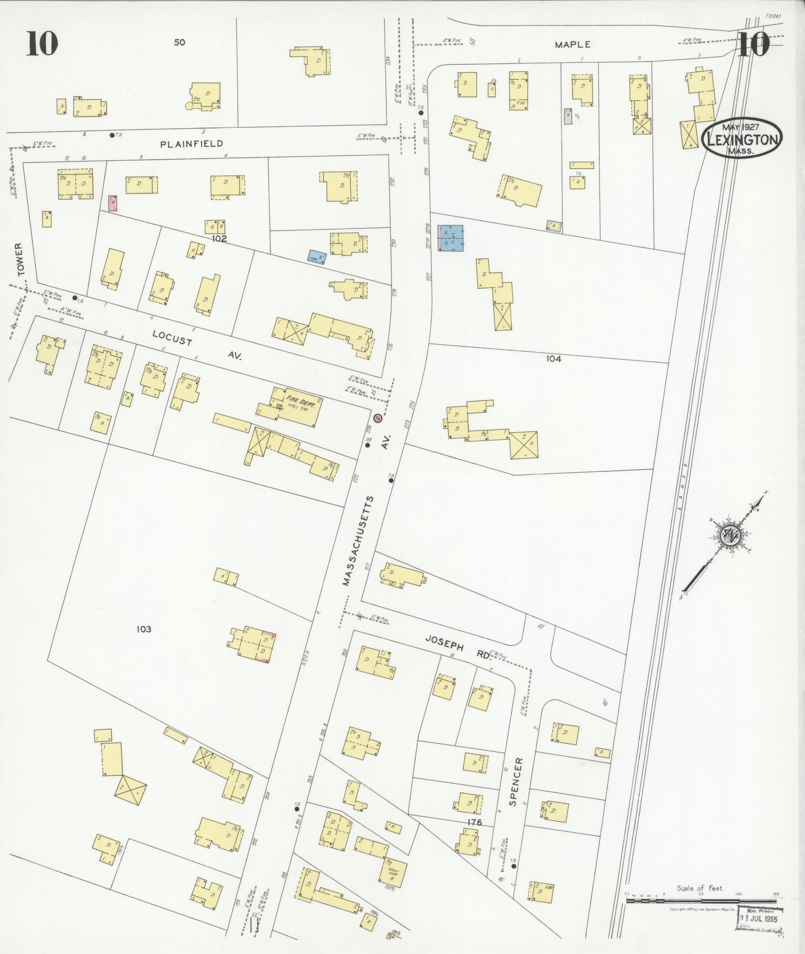 Sanborn Fire Insurance Map from Lexington, Middlesex County, Massachusetts (1927), Sheet #0010 - Historic Sanborn Fire Insurance Map Print, vintage old map wall art, antique decor, genealogy gift, Massachusetts Massachusetts map