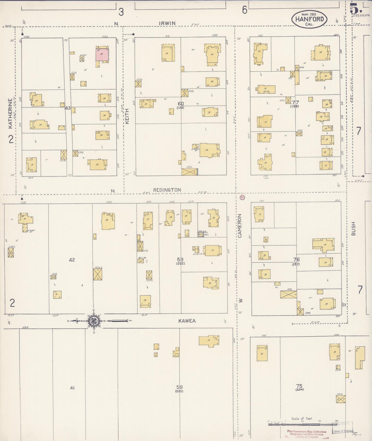 Sanborn Fire Insurance Map from Hanford, Kings County, California (1913), Sheet #0005 - Complete Map Set gallery image, historic Sanborn map, vintage wall art, California California
