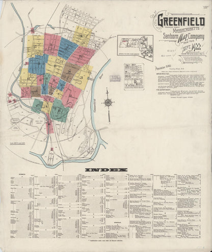 Sanborn Fire Insurance Map from Greenfield, Franklin County, Massachusetts (1922), Sheet #0001 - Historic Sanborn Fire Insurance Map Print, vintage old map wall art, antique decor, genealogy gift, Massachusetts Massachusetts map