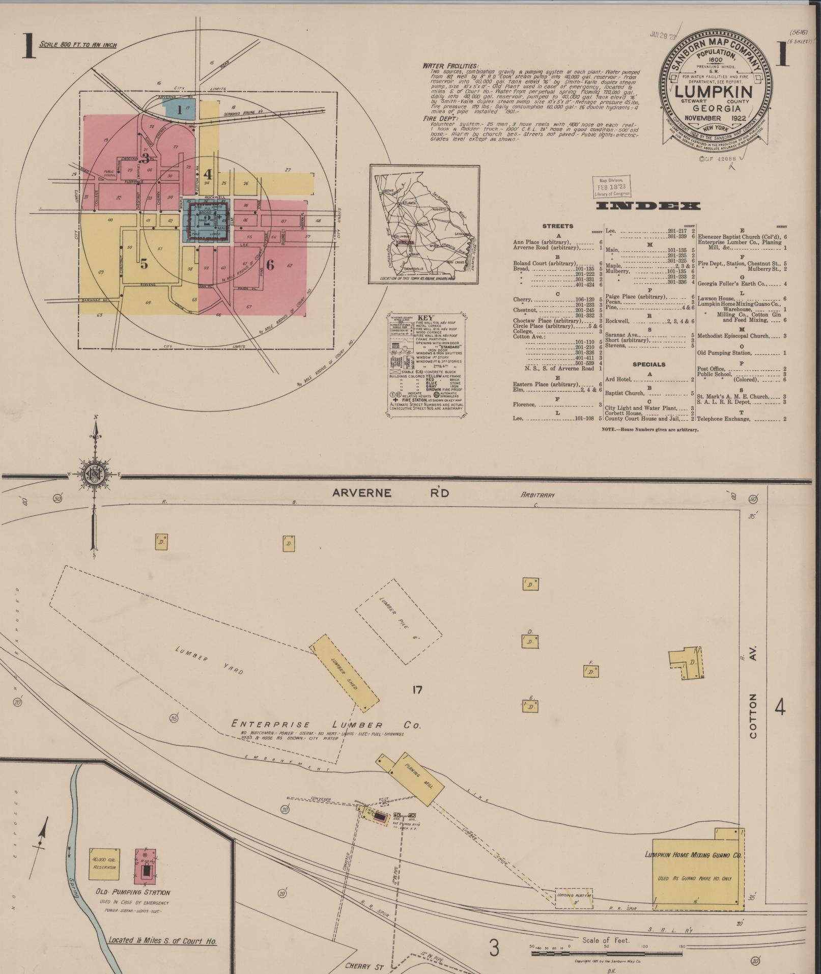 Sanborn Fire Insurance Map from Lumpkin, Stewart County, Georgia (1922), Sheet #0001 - Historic Sanborn Fire Insurance Map Print, vintage old map wall art, antique decor, genealogy gift, Georgia Georgia map