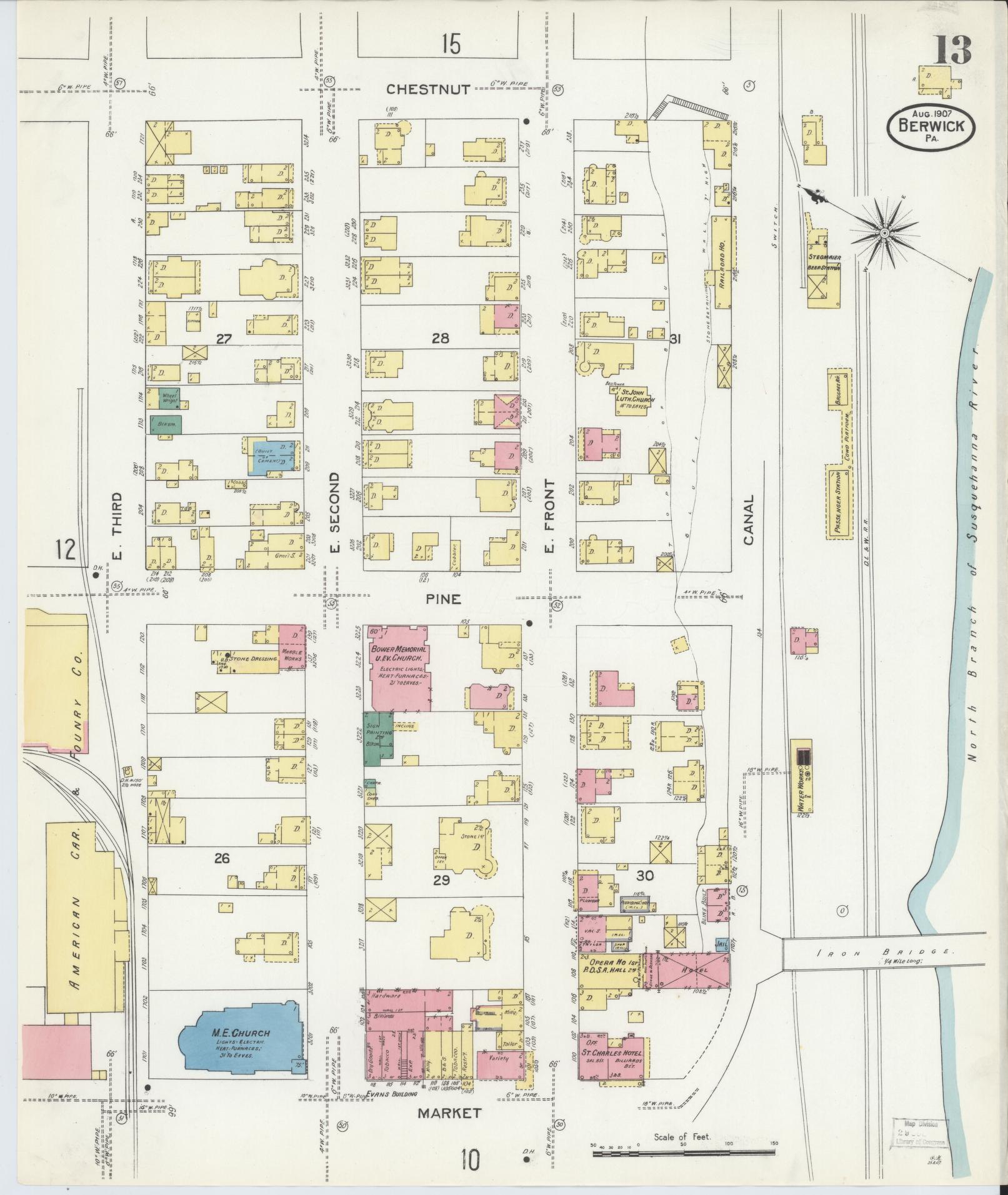 Sanborn Fire Insurance Map from Berwick, Columbia County, Pennsylvania (1907), Sheet #0013 - Historic Sanborn Fire Insurance Map Print, vintage old map wall art, antique decor, genealogy gift, Pennsylvania Pennsylvania map