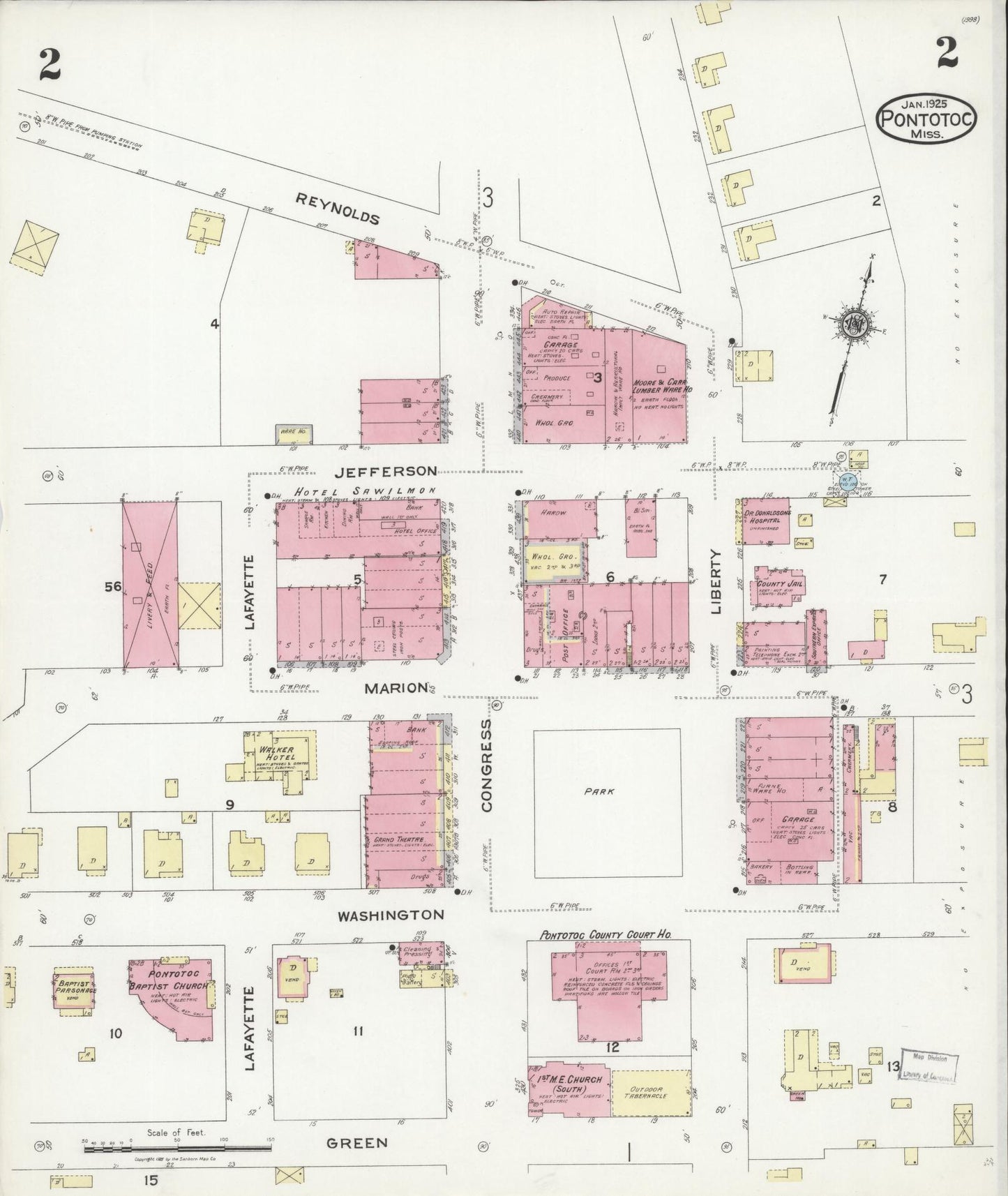 Sanborn Fire Insurance Map from Pontotoc, Pontotoc County, Mississippi (1925), Sheet #0002 - Historic Sanborn Fire Insurance Map Print, vintage old map wall art, antique decor, genealogy gift, Mississippi Mississippi map