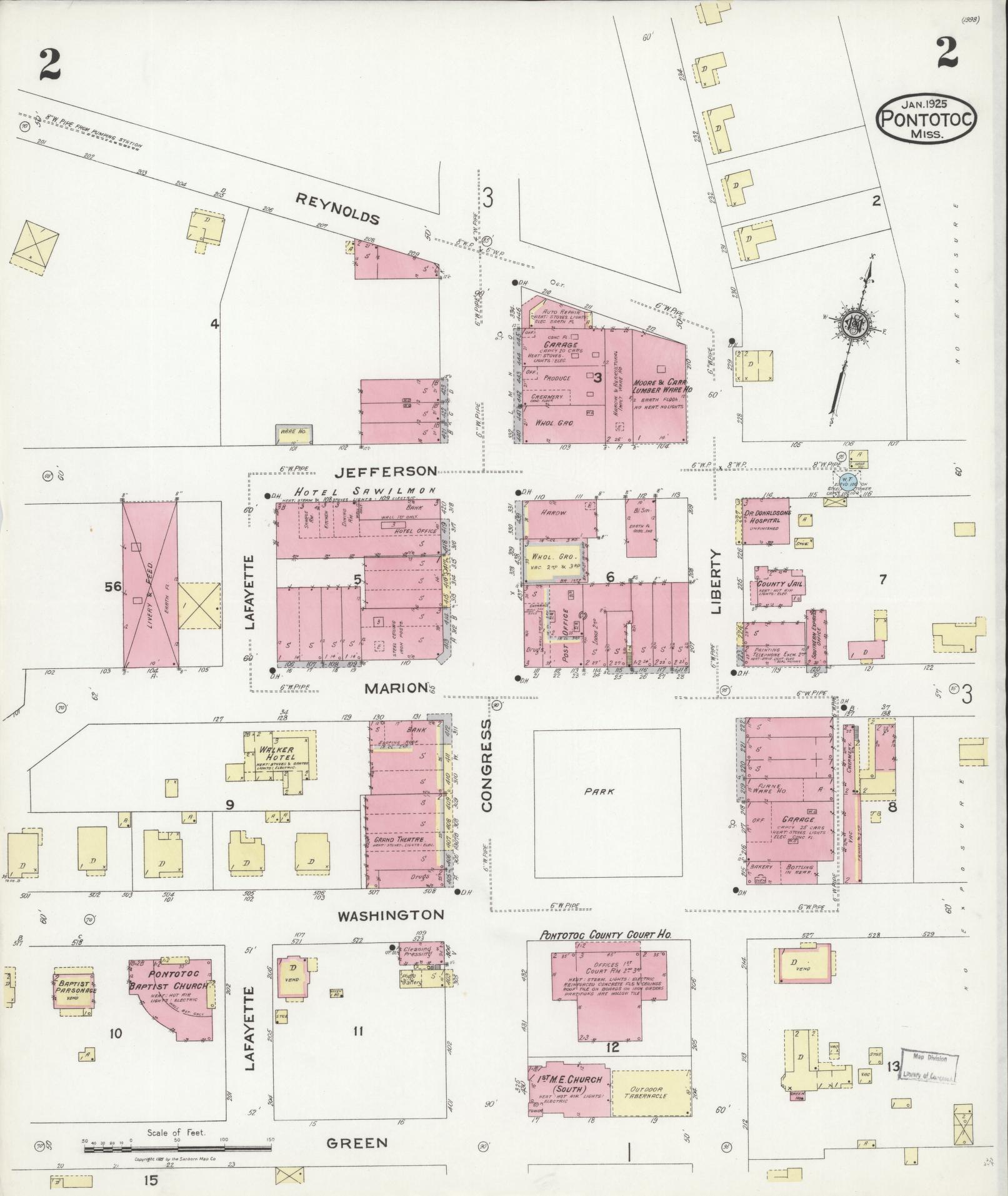 Sanborn Fire Insurance Map from Pontotoc, Pontotoc County, Mississippi (1925), Sheet #0002 - Historic Sanborn Fire Insurance Map Print, vintage old map wall art, antique decor, genealogy gift, Mississippi Mississippi map