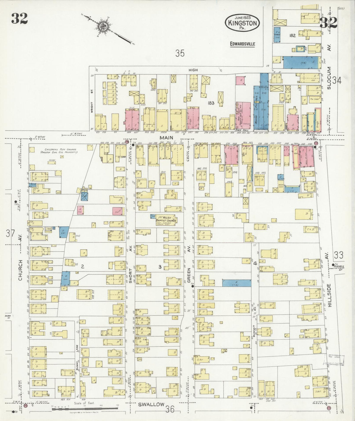 Sanborn Fire Insurance Map from Kingston, Luzerne County, Pennsylvania (1925), Sheet #0032 - Historic Sanborn Fire Insurance Map Print, vintage old map wall art, antique decor, genealogy gift, Pennsylvania Pennsylvania map