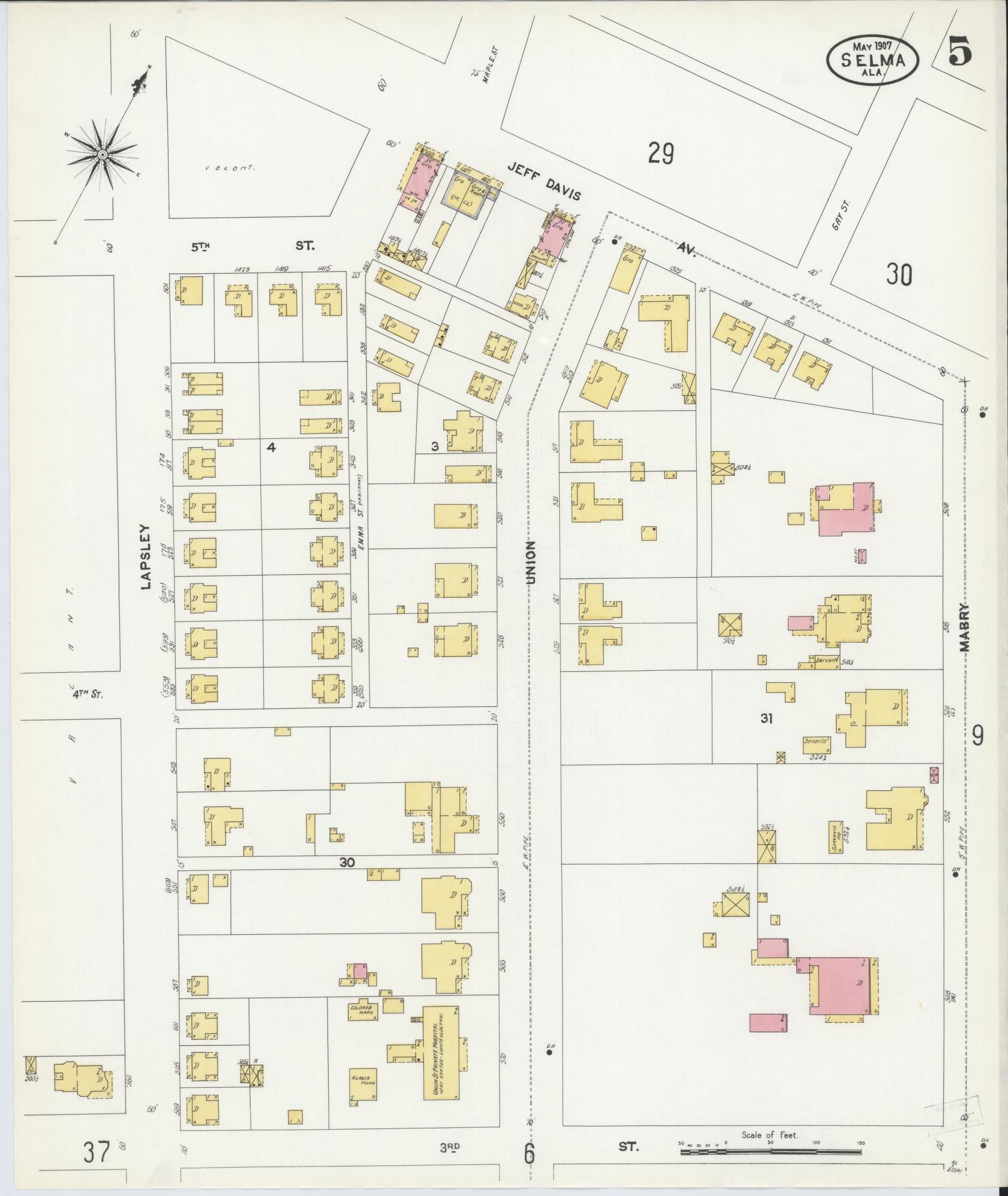 Sanborn Fire Insurance Map from Selma, Dallas County, Alabama (1907), Sheet #0005 - Complete Map Set gallery image, historic Sanborn map, vintage wall art, Alabama Alabama