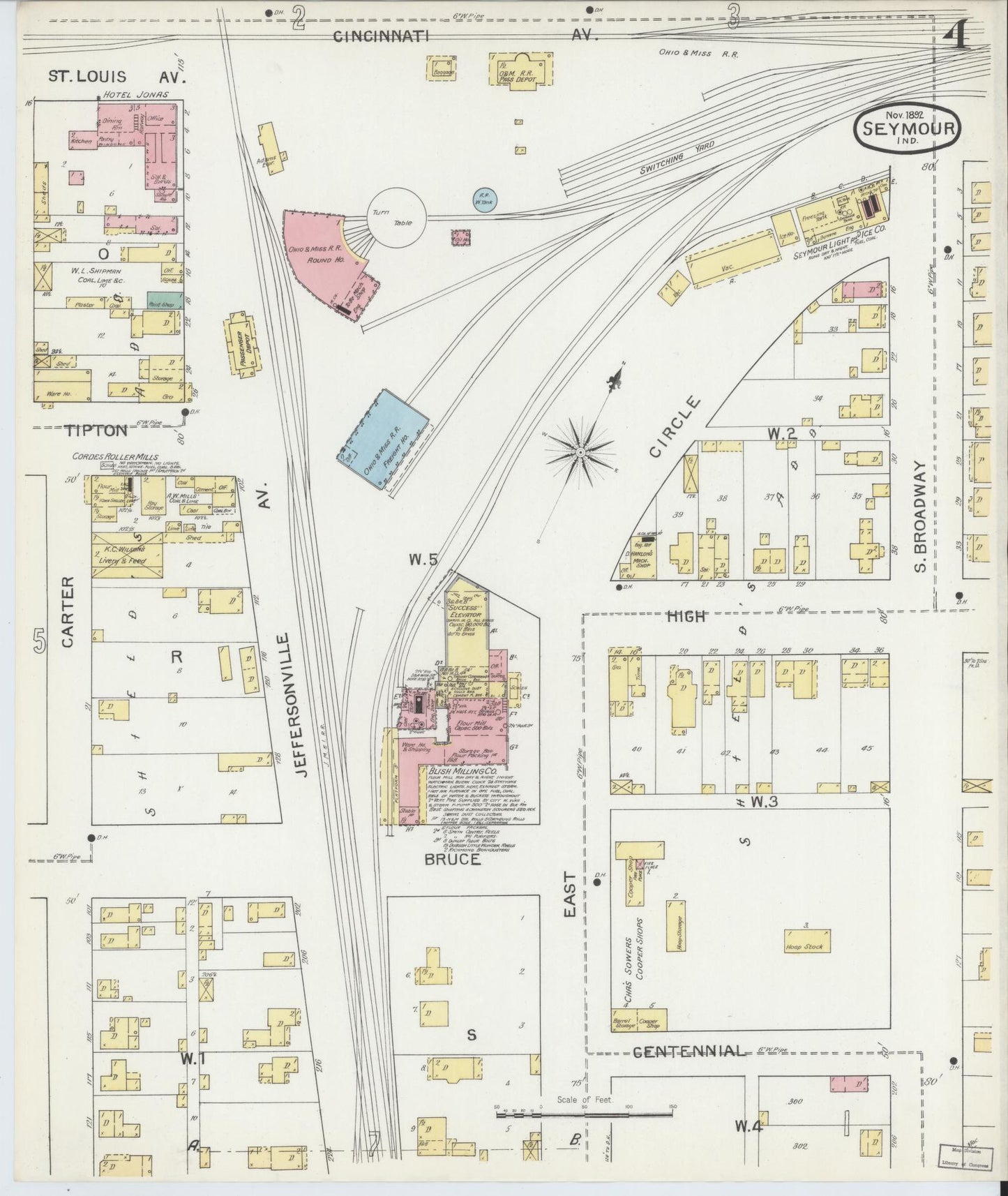 Sanborn Fire Insurance Map from Seymour, Jackson County, Indiana (1892), Sheet #0004 - Complete Map Set gallery image, historic Sanborn map, vintage wall art, Indiana Indiana
