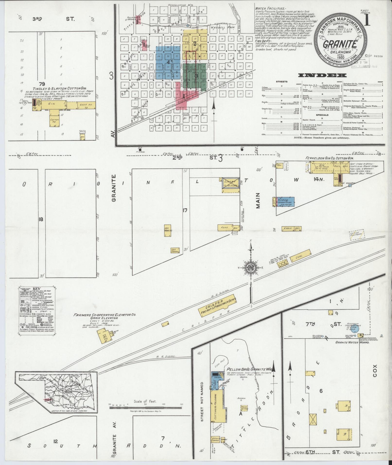 Sanborn Fire Insurance Map from Granite, Greer County, Oklahoma (1920), Sheet #0001 - Historic Sanborn Fire Insurance Map Print, vintage old map wall art, antique decor, genealogy gift, Oklahoma Oklahoma map