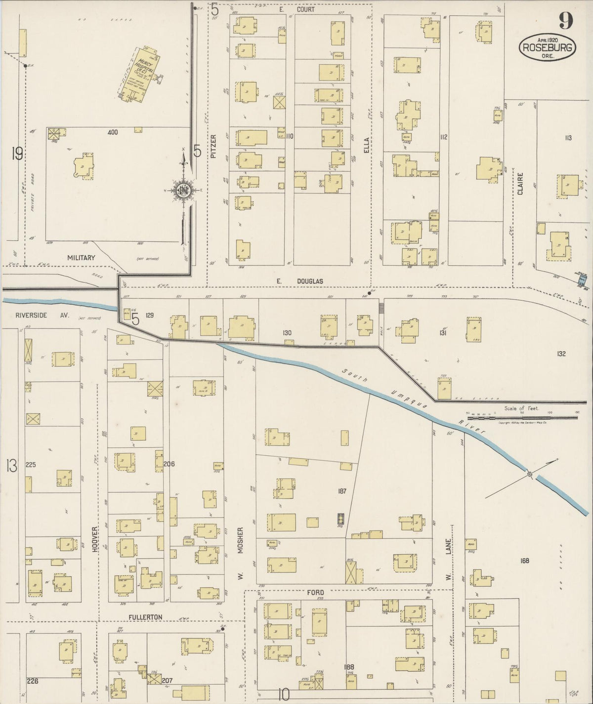 Sanborn Fire Insurance Map from Roseburg, Douglas County, Oregon (1920), Sheet #0009 - Historic Sanborn Fire Insurance Map Print, vintage old map wall art, antique decor, genealogy gift, Oregon Oregon map