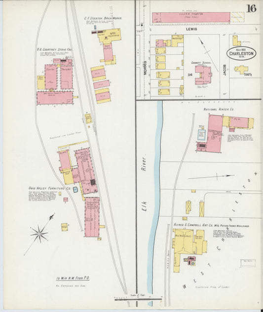 Sanborn Fire Insurance Map from Charleston, Kanawha County, West Virginia (1902), Sheet #0016 - Historic Sanborn Fire Insurance Map Print, vintage old map wall art, antique decor, genealogy gift, West Virginia West Virginia map