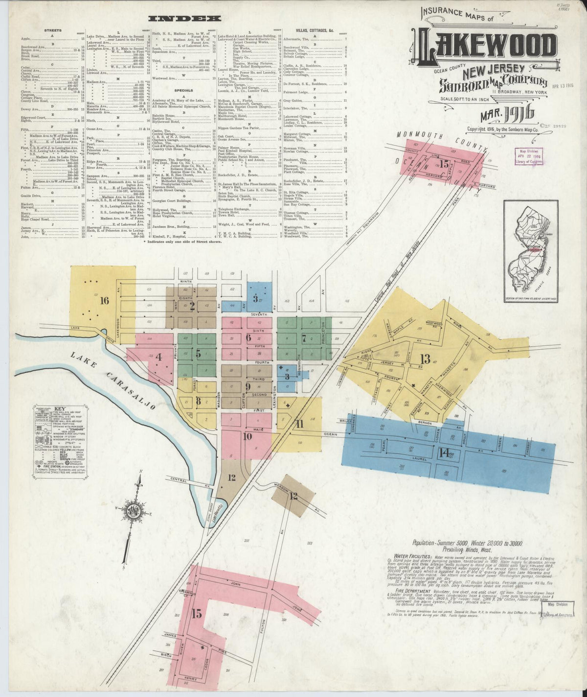 Sanborn Fire Insurance Map from Lakewood, Ocean County, New Jersey (1916), Sheet #0001 - Historic Sanborn Fire Insurance Map Print, vintage old map wall art, antique decor, genealogy gift, New Jersey New Jersey map