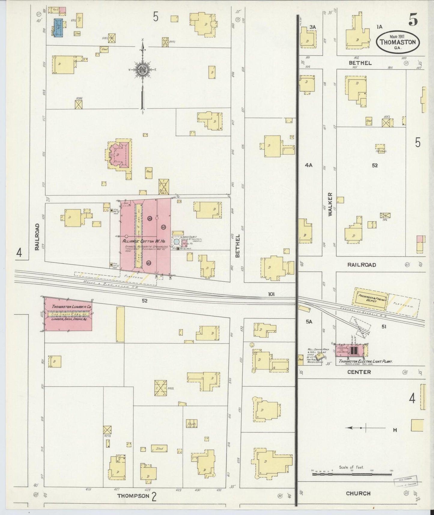 Sanborn Fire Insurance Map from Thomaston, Upson County, Georgia (1911), Sheet #0005 - Historic Sanborn Fire Insurance Map Print, vintage old map wall art, antique decor, genealogy gift, Georgia Georgia map