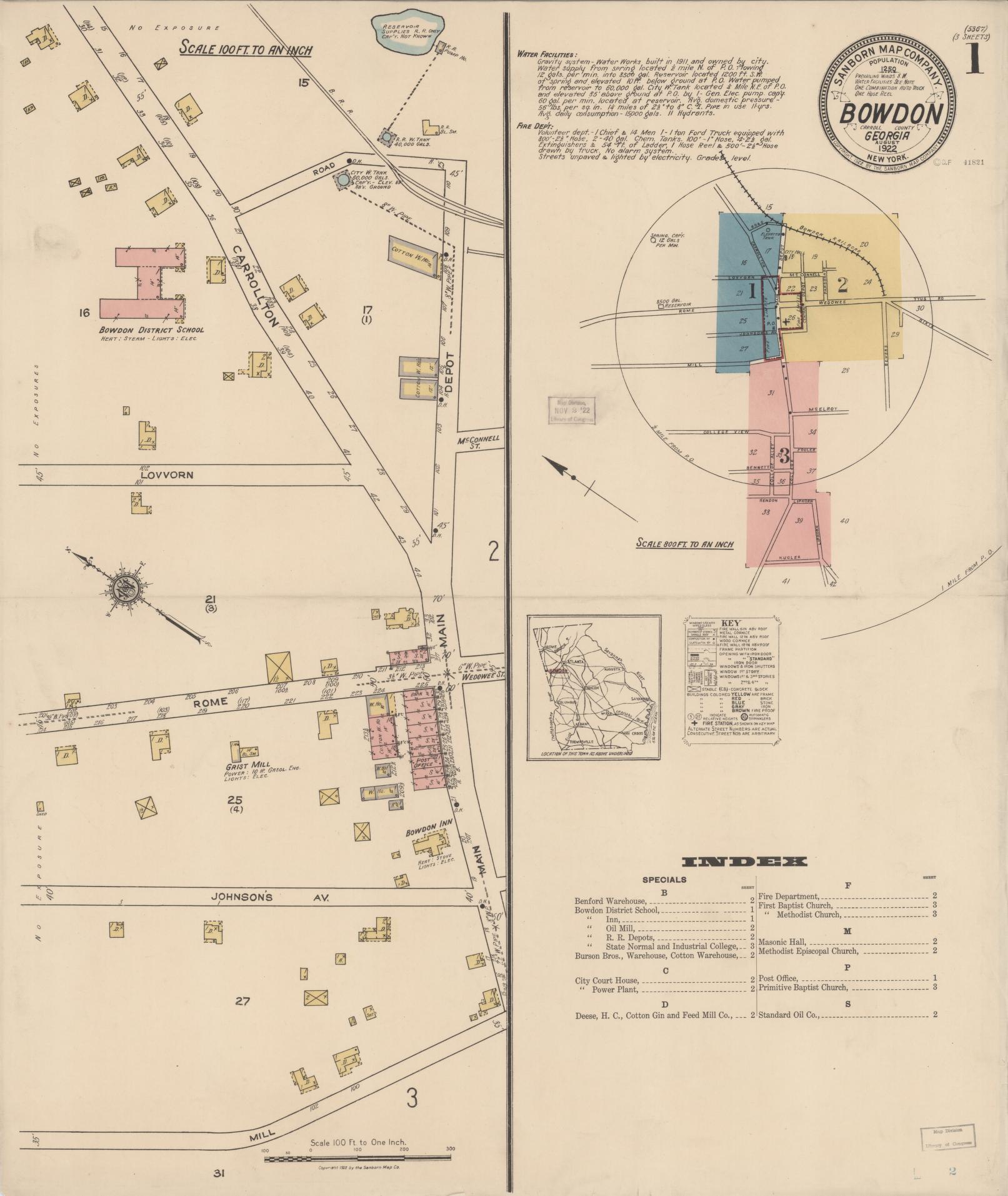 Sanborn Fire Insurance Map from Bowdon, Carroll County, Georgia (1922), Sheet #0001 - Historic Sanborn Fire Insurance Map Print, vintage old map wall art, antique decor, genealogy gift, Georgia Georgia map