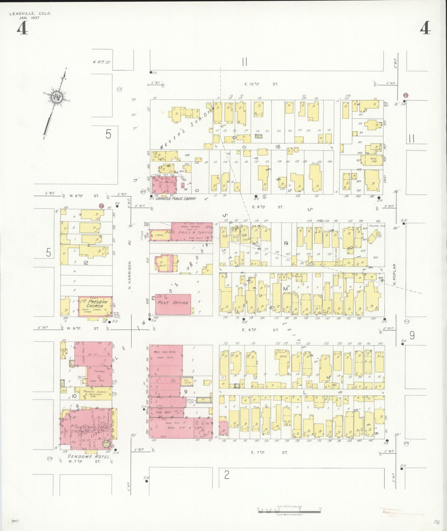 Sanborn Fire Insurance Map from Leadville, Lake County, Colorado (1937), Sheet #0004 - Historic Sanborn Fire Insurance Map Print, vintage old map wall art, antique decor, genealogy gift, Colorado Colorado map