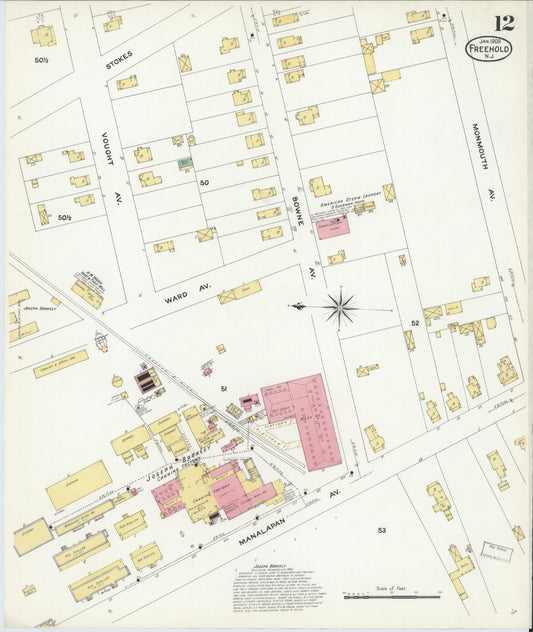 Sanborn Fire Insurance Map from Freehold, Monmouth County, New Jersey (1909), Sheet #0012 - Historic Sanborn Fire Insurance Map Print, vintage old map wall art, antique decor, genealogy gift, New Jersey New Jersey map