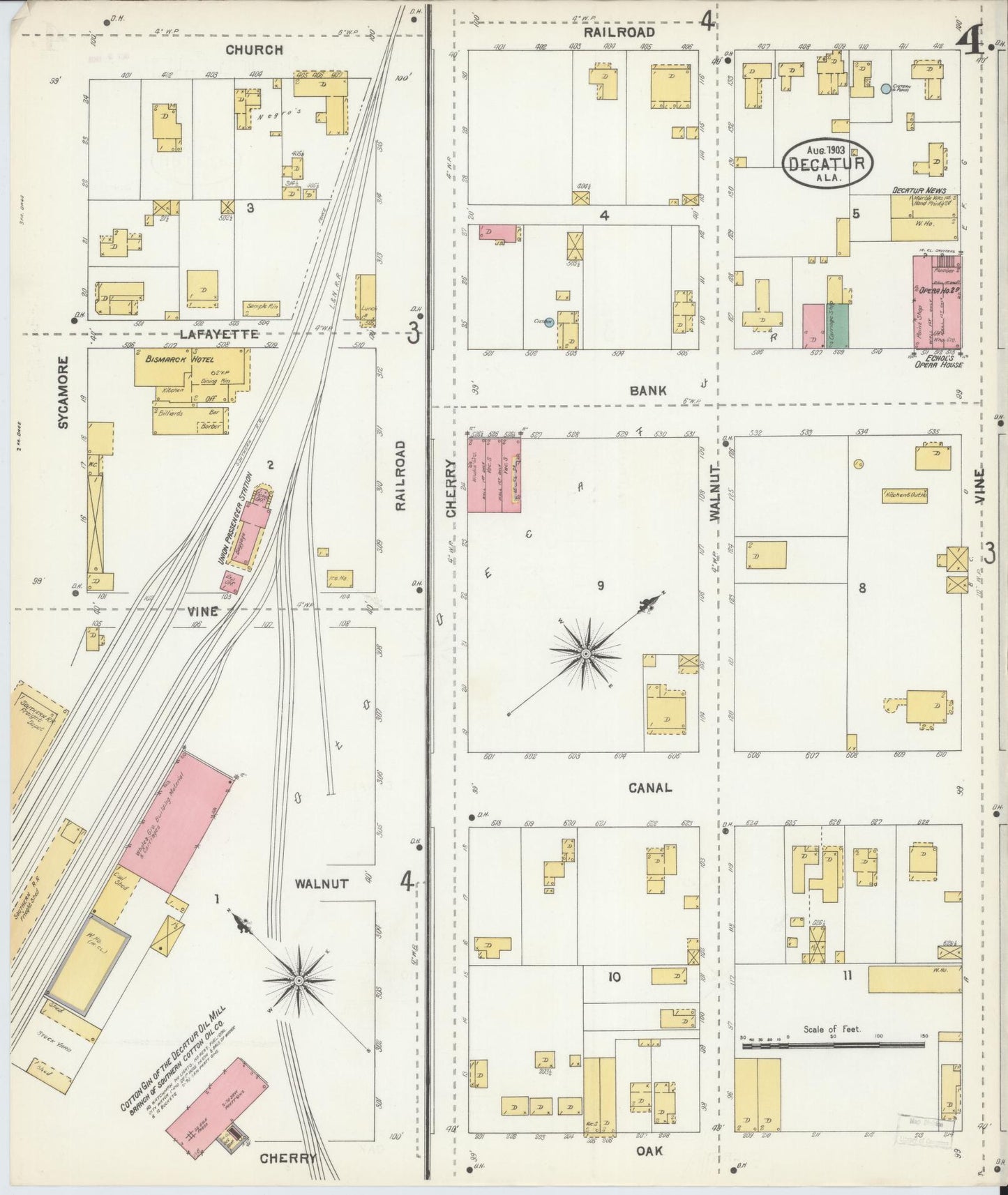 Sanborn Fire Insurance Map from Decatur, Morgan County, Alabama (1903), Sheet #0004 - Historic Sanborn Fire Insurance Map Print, vintage old map wall art, antique decor, genealogy gift, Alabama Alabama map