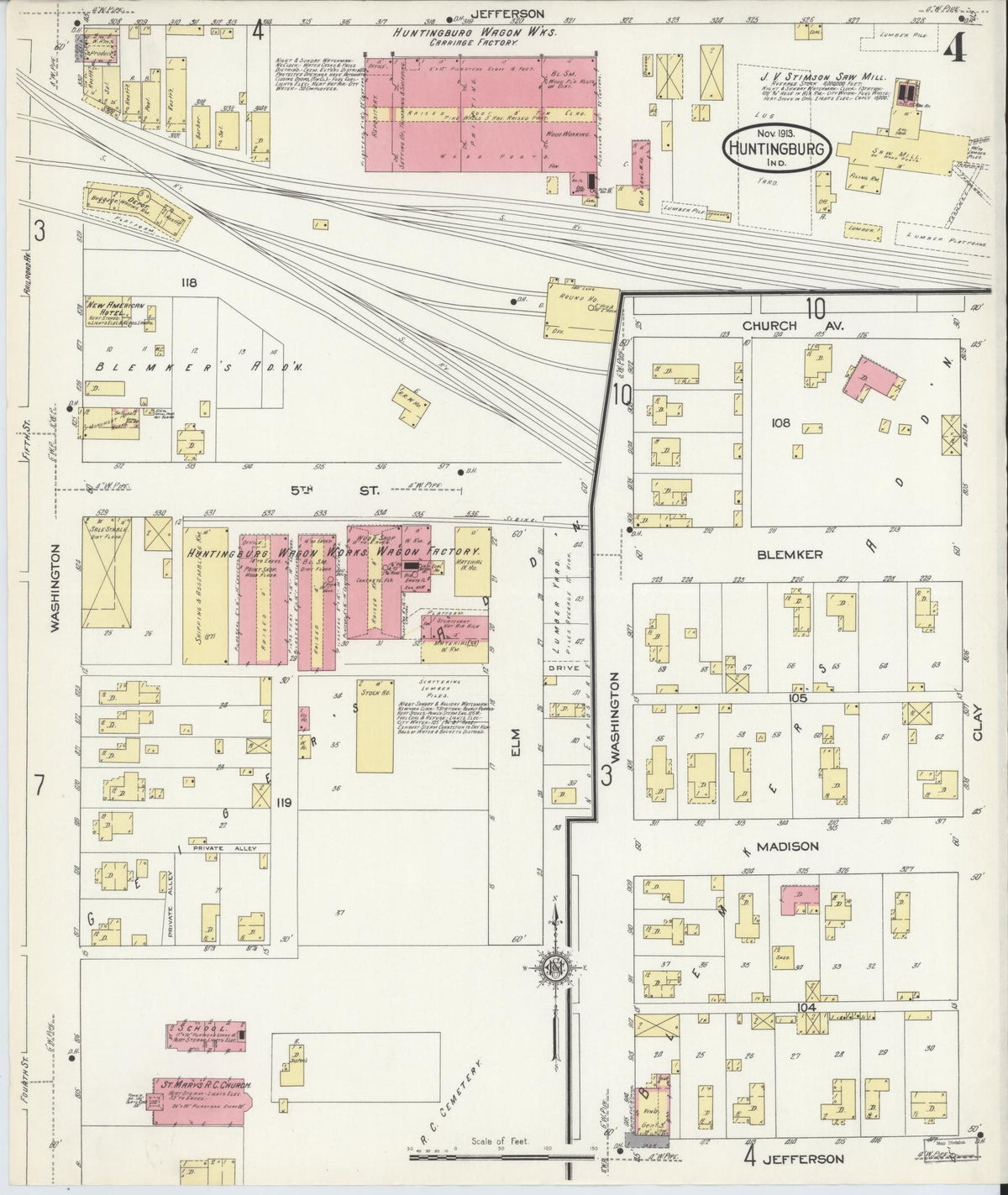 Sanborn Fire Insurance Map from Huntingburg, Dubois County, Indiana (1913), Sheet #0004 - Historic Sanborn Fire Insurance Map Print, vintage old map wall art, antique decor, genealogy gift, Indiana Indiana map
