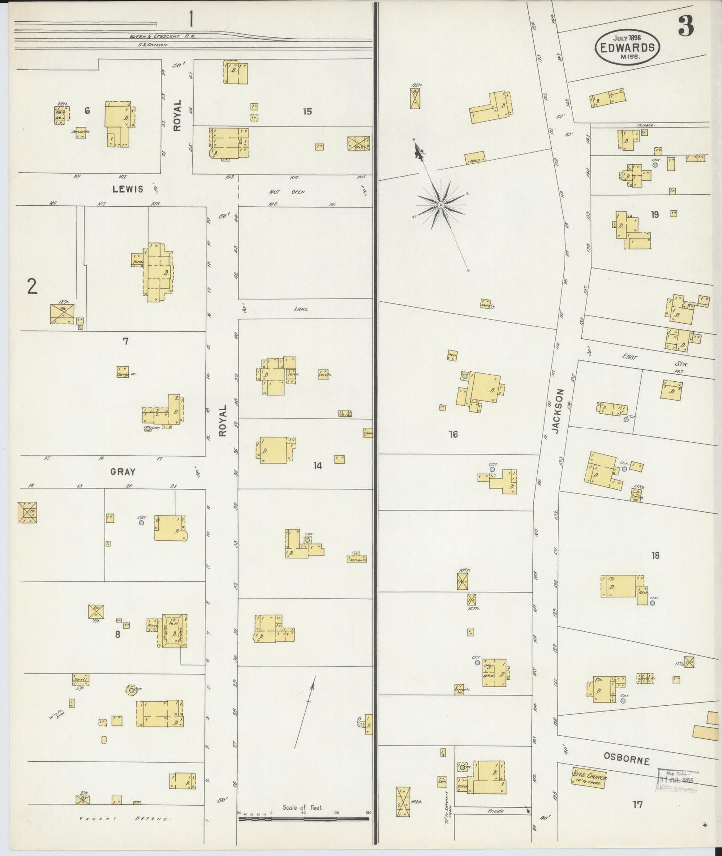Sanborn Fire Insurance Map from Edwards, Hinds County, Mississippi (1898), Sheet #0003 - Complete Map Set gallery image, historic Sanborn map, vintage wall art, Mississippi Mississippi