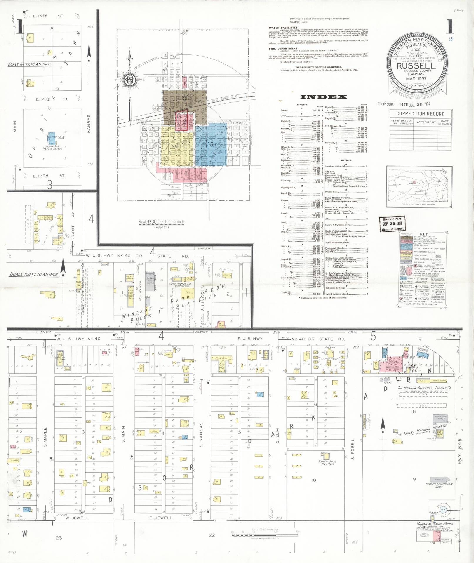 Sanborn Fire Insurance Map from Russell, Russell County, Kansas (1937), Sheet #0001 - Historic Sanborn Fire Insurance Map Print, vintage old map wall art, antique decor, genealogy gift, Kansas Kansas map