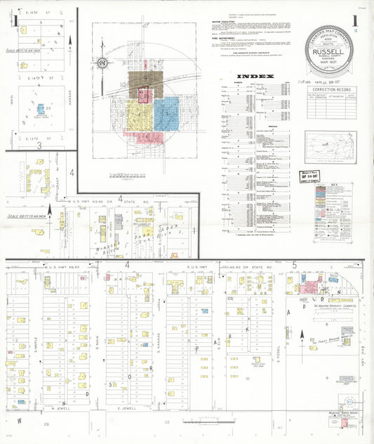 Sanborn Fire Insurance Map from Russell, Russell County, Kansas (1937), Sheet #0001 - Historic Sanborn Fire Insurance Map Print, vintage old map wall art, antique decor, genealogy gift, Kansas Kansas map