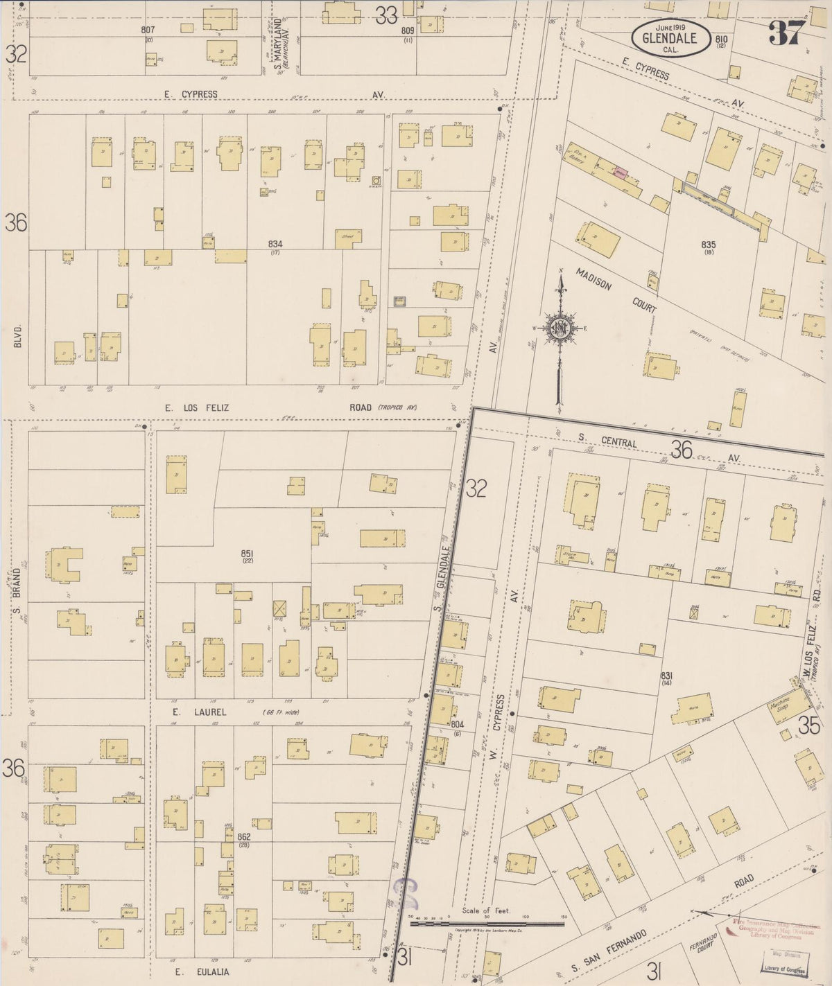 Sanborn Fire Insurance Map from Glendale, Los Angeles County, California (1919), Sheet #0037 - Complete Map Set gallery image, historic Sanborn map, vintage wall art, California California