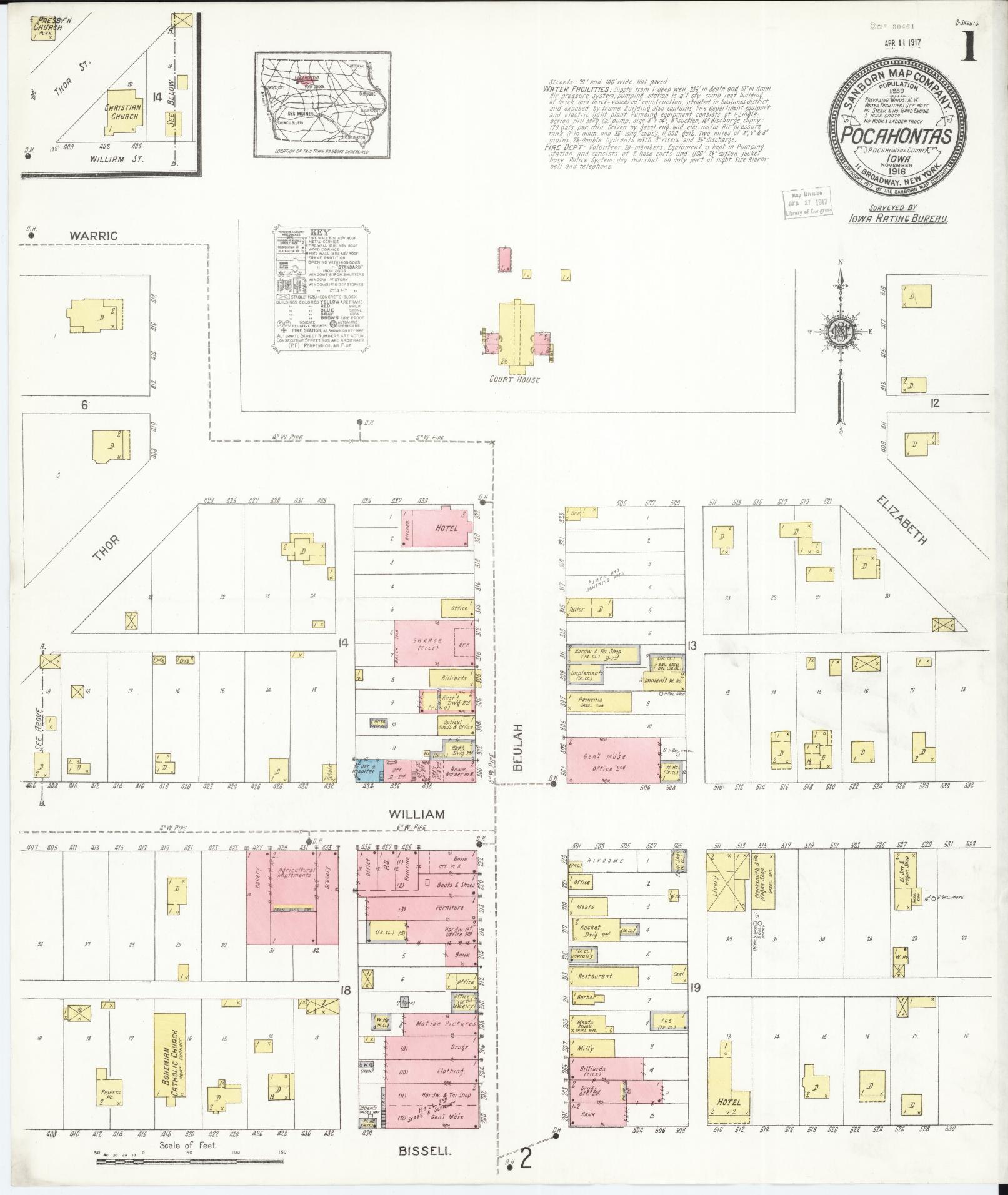 Sanborn Fire Insurance Map from Pocahontas, Pocahontas County, Iowa (1916), Sheet #0001 - Historic Sanborn Fire Insurance Map Print, vintage old map wall art