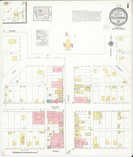 Sanborn Fire Insurance Map from Pocahontas, Pocahontas County, Iowa (1916), Sheet #0001 - Historic Sanborn Fire Insurance Map Print, vintage old map wall art