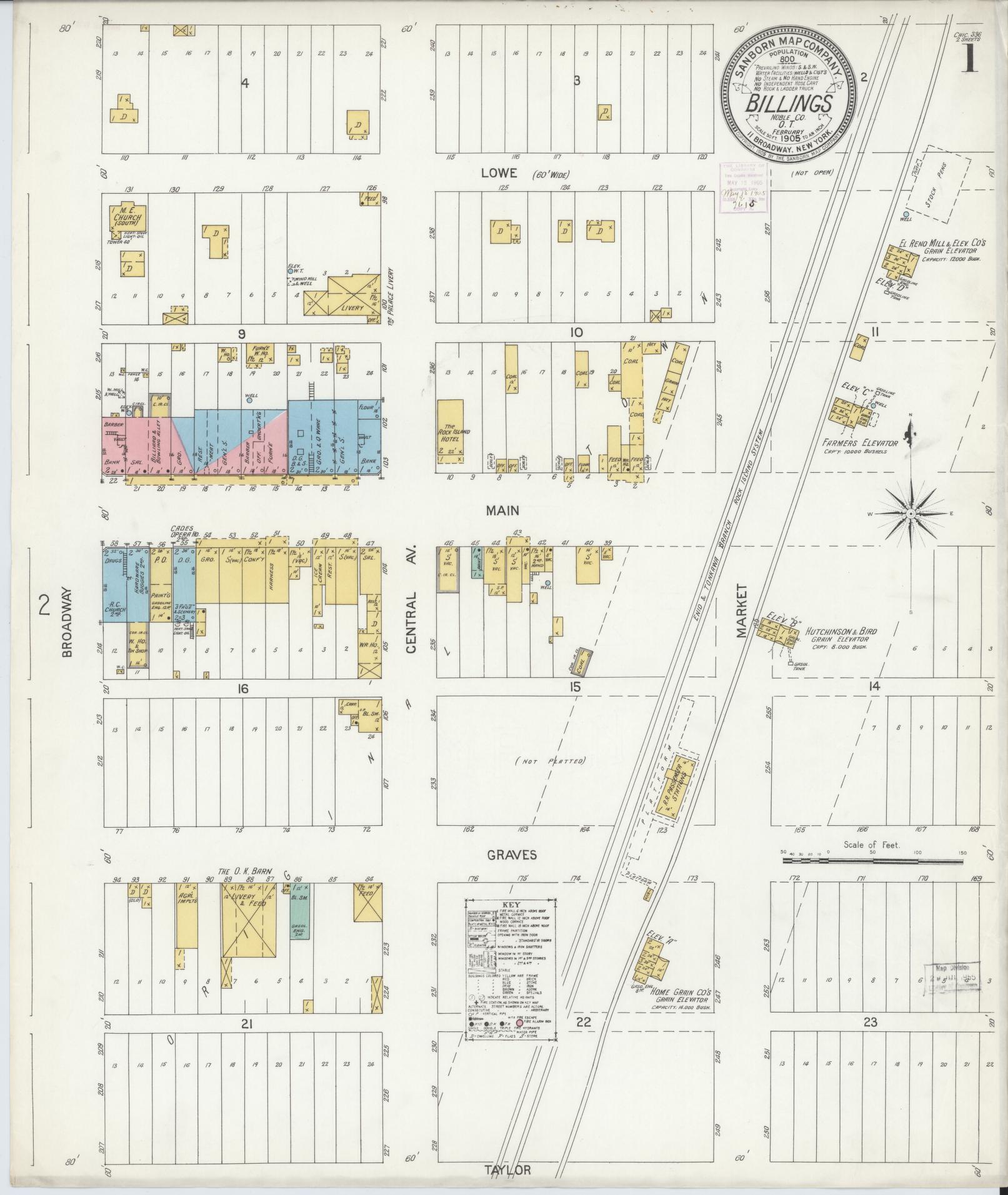 Sanborn Fire Insurance Map from Billings, Noble County, Oklahoma (1905), Sheet #0001 - Complete Map Set gallery image, historic Sanborn map, vintage wall art, Oklahoma Oklahoma