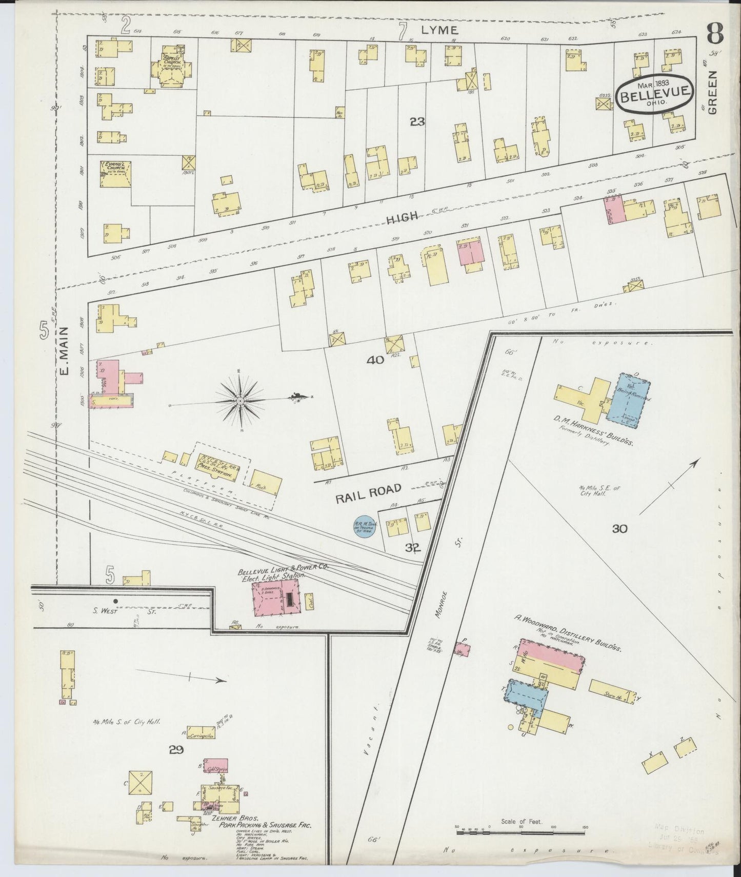 Sanborn Fire Insurance Map from Bellevue, Huron And Sandusky County, Ohio (1893), Sheet #0008 - Historic Sanborn Fire Insurance Map Print, vintage old map wall art, antique decor, genealogy gift, Ohio Ohio map