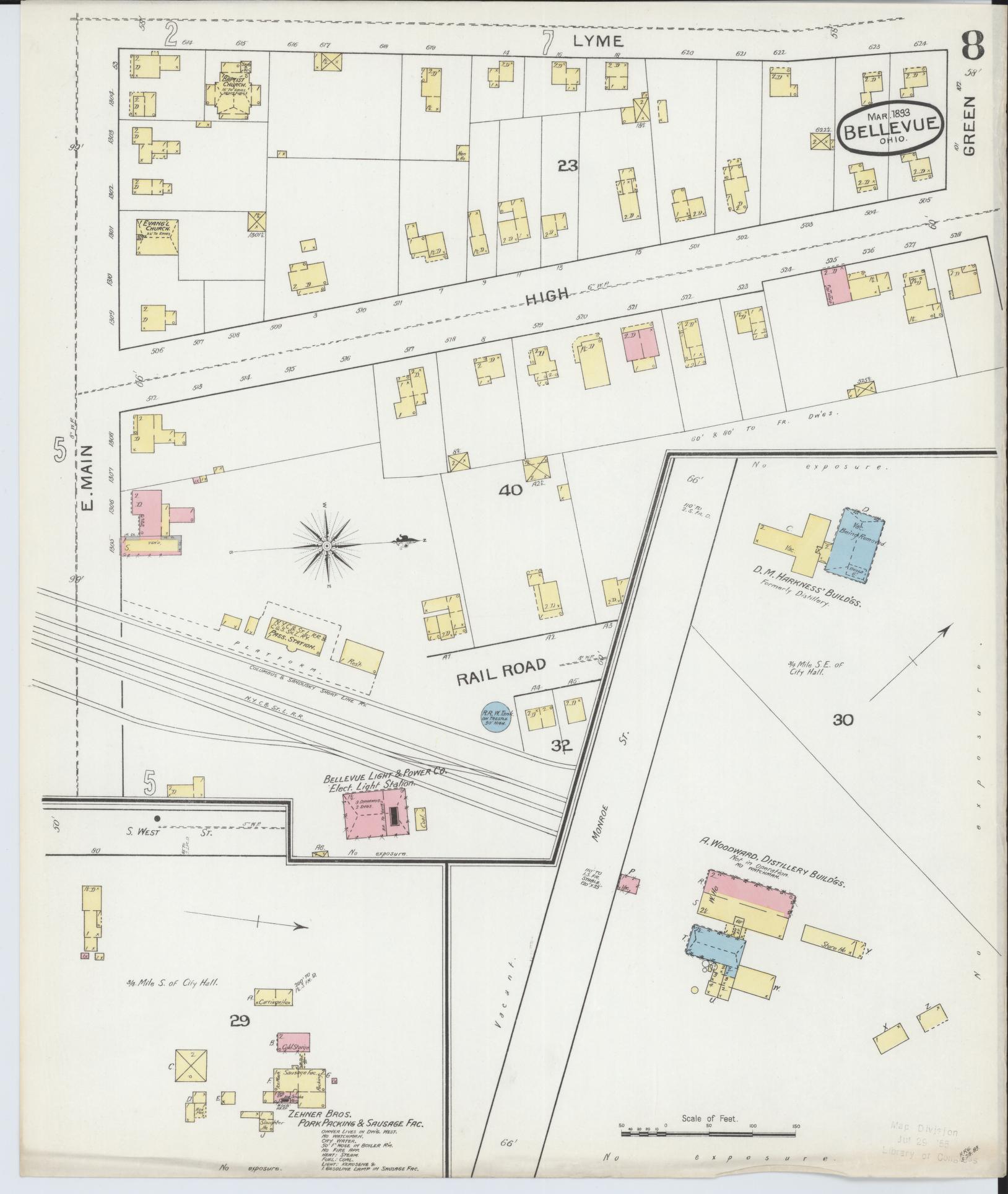 Sanborn Fire Insurance Map from Bellevue, Huron And Sandusky County, Ohio (1893), Sheet #0008 - Historic Sanborn Fire Insurance Map Print, vintage old map wall art, antique decor, genealogy gift, Ohio Ohio map