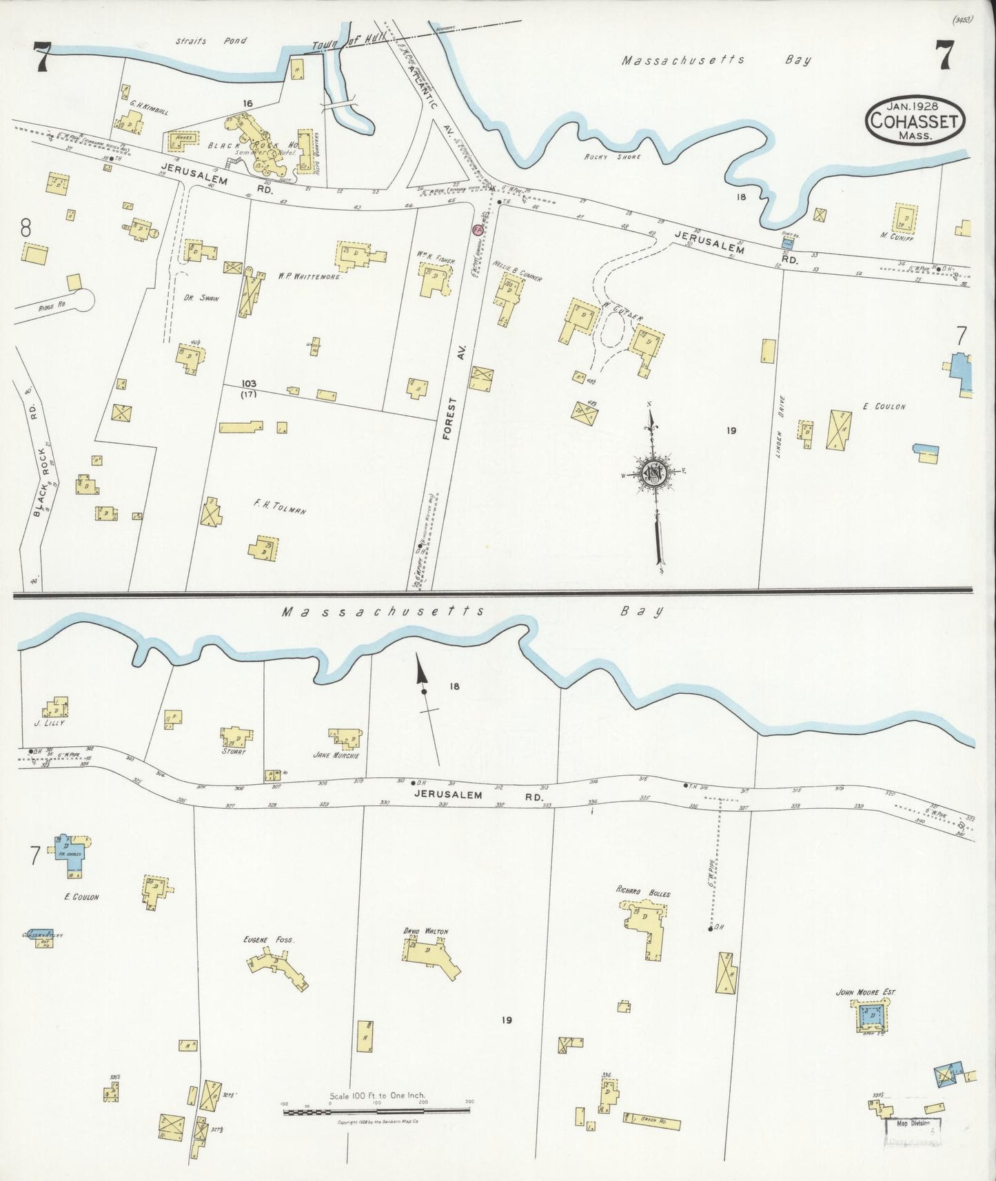 Sanborn Fire Insurance Map from Cohasset, Norfolk County, Massachusetts (1928), Sheet #0007 - Complete Map Set gallery image, historic Sanborn map, vintage wall art, Massachusetts Massachusetts