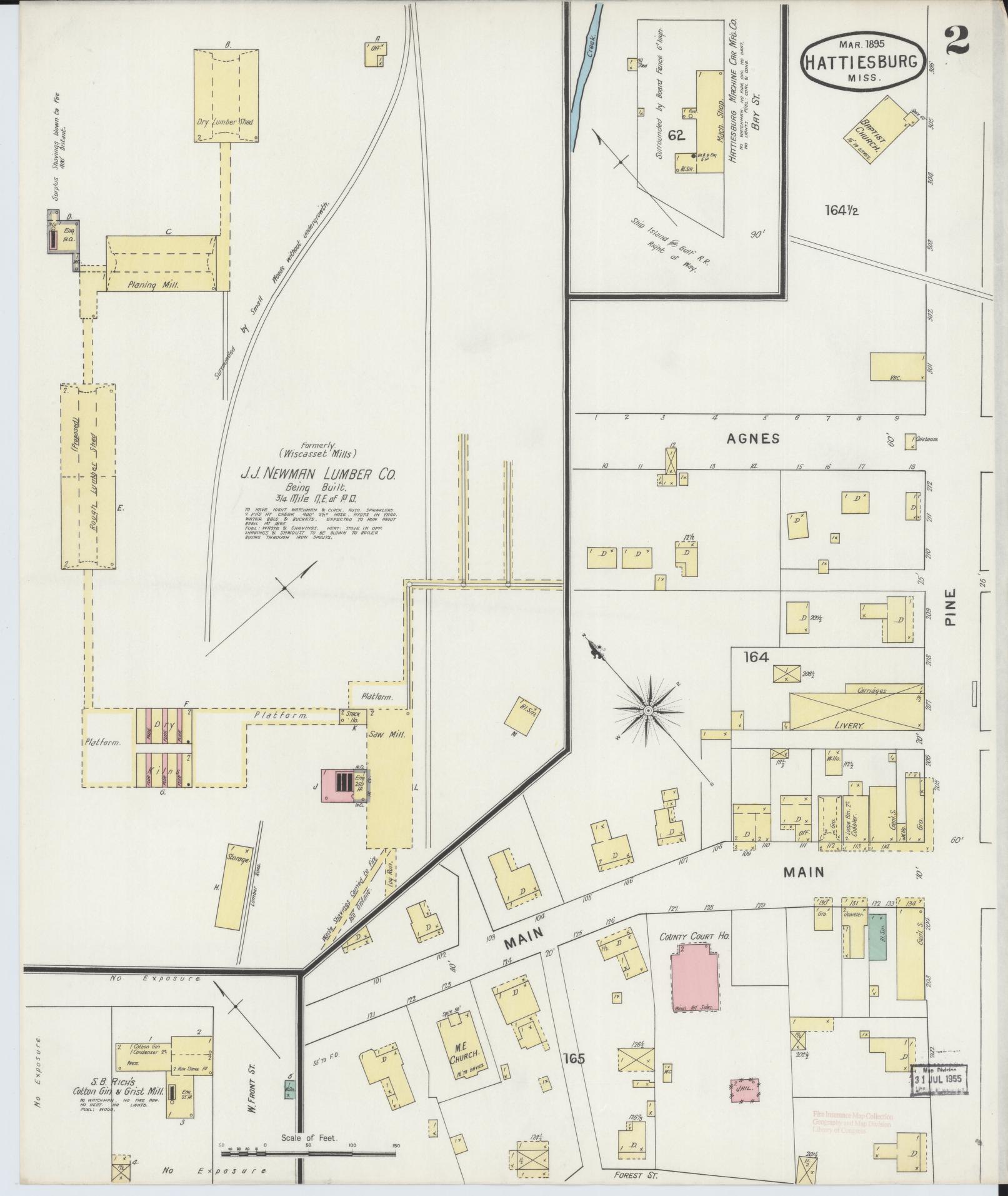 Sanborn Fire Insurance Map from Hattiesburg, Forrest County, Mississippi (1895), Sheet #0002 - Historic Sanborn Fire Insurance Map Print, vintage old map wall art, antique decor, genealogy gift, Mississippi Mississippi map