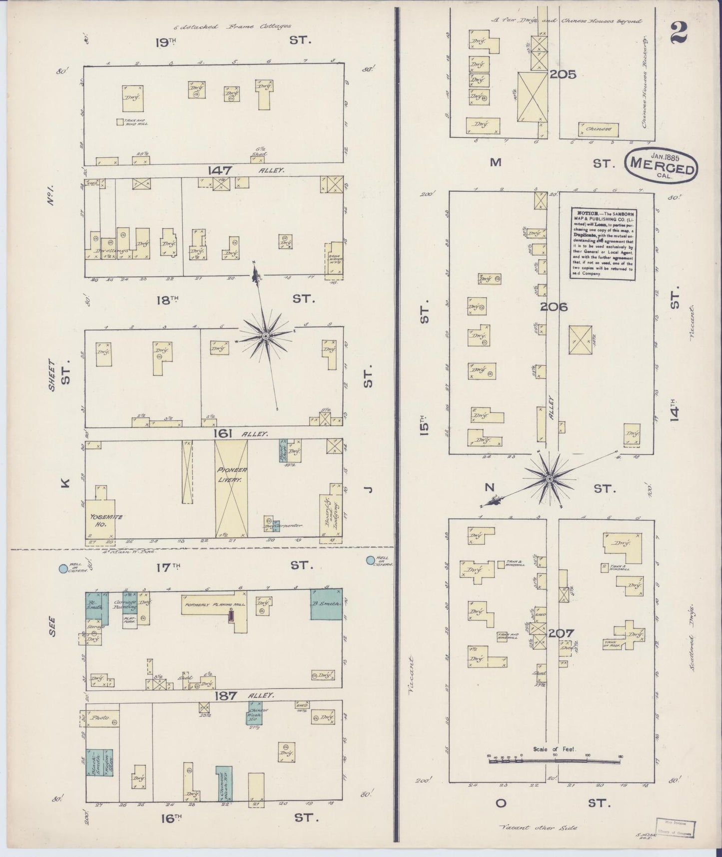 Sanborn Fire Insurance Map from Merced, Merced County, California (1885), Sheet #0002 - Complete Map Set gallery image, historic Sanborn map, vintage wall art, California California