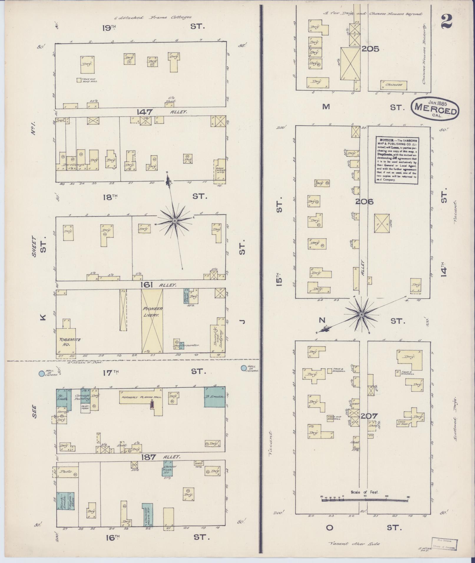 Sanborn Fire Insurance Map from Merced, Merced County, California (1885), Sheet #0002 - Complete Map Set gallery image, historic Sanborn map, vintage wall art, California California