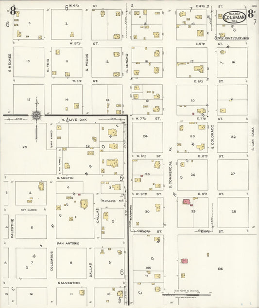 Sanborn Fire Insurance Map from Coleman, Coleman County, Texas (1923), Sheet #0008 - Historic Sanborn Fire Insurance Map Print, vintage old map wall art, antique decor, genealogy gift, Texas Texas map